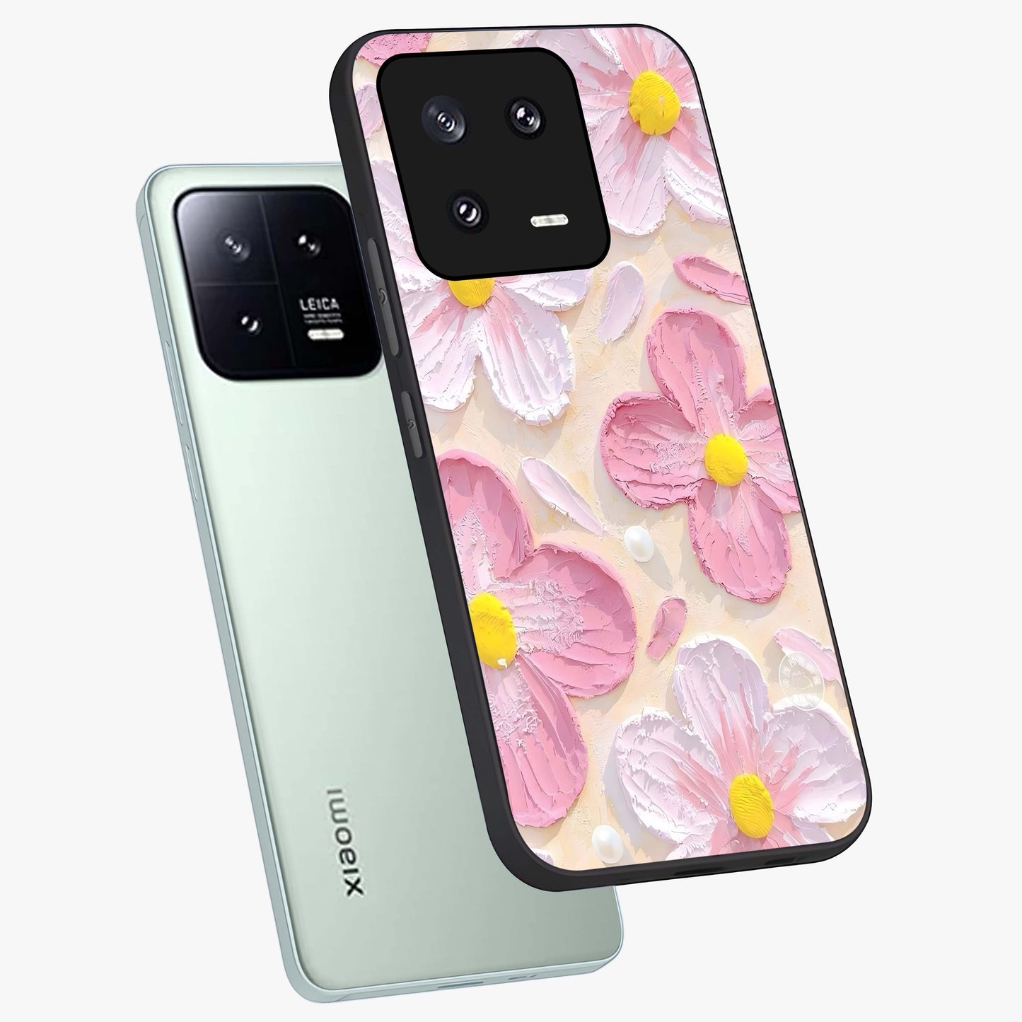 Blush Bloom Texture Glass Case displayed in angled mockup highlighting subtle bloom pattern with aesthetic pastel design.
