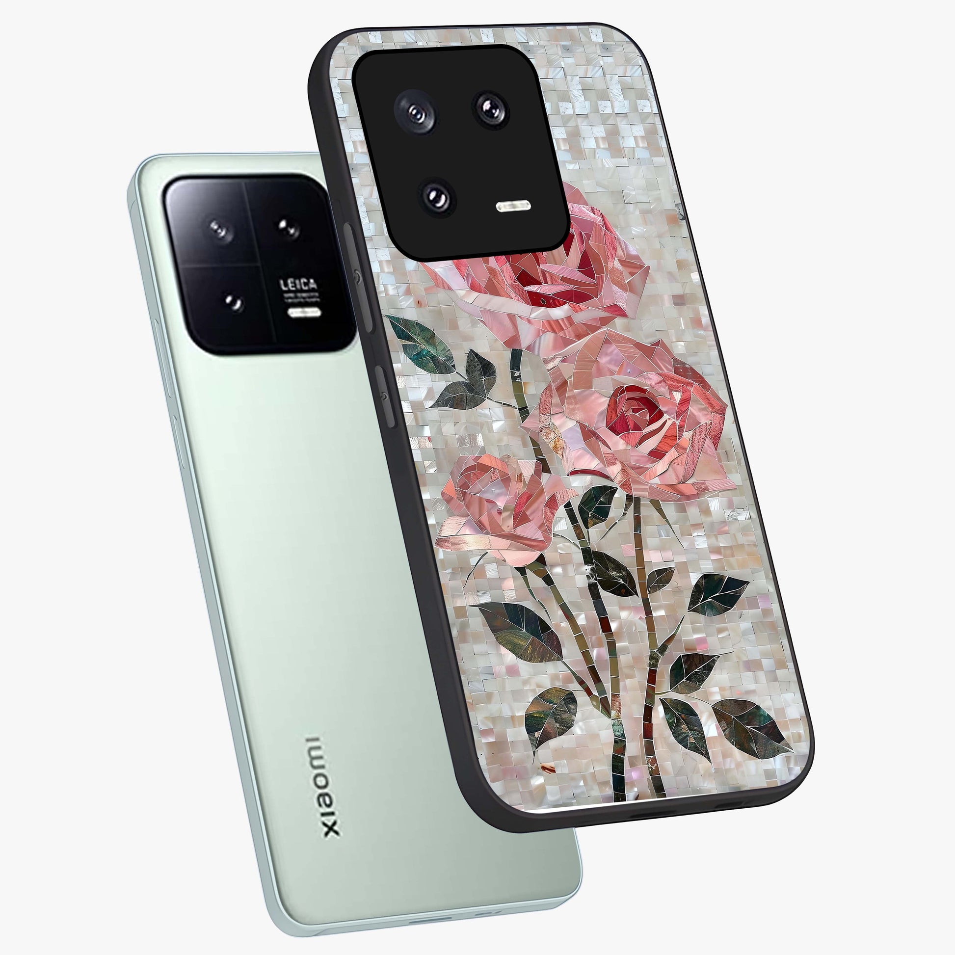 Blush Mosaic Bloom Glass Case displayed in angled mockup highlighting artistic mosaic flower pattern with aesthetic design.