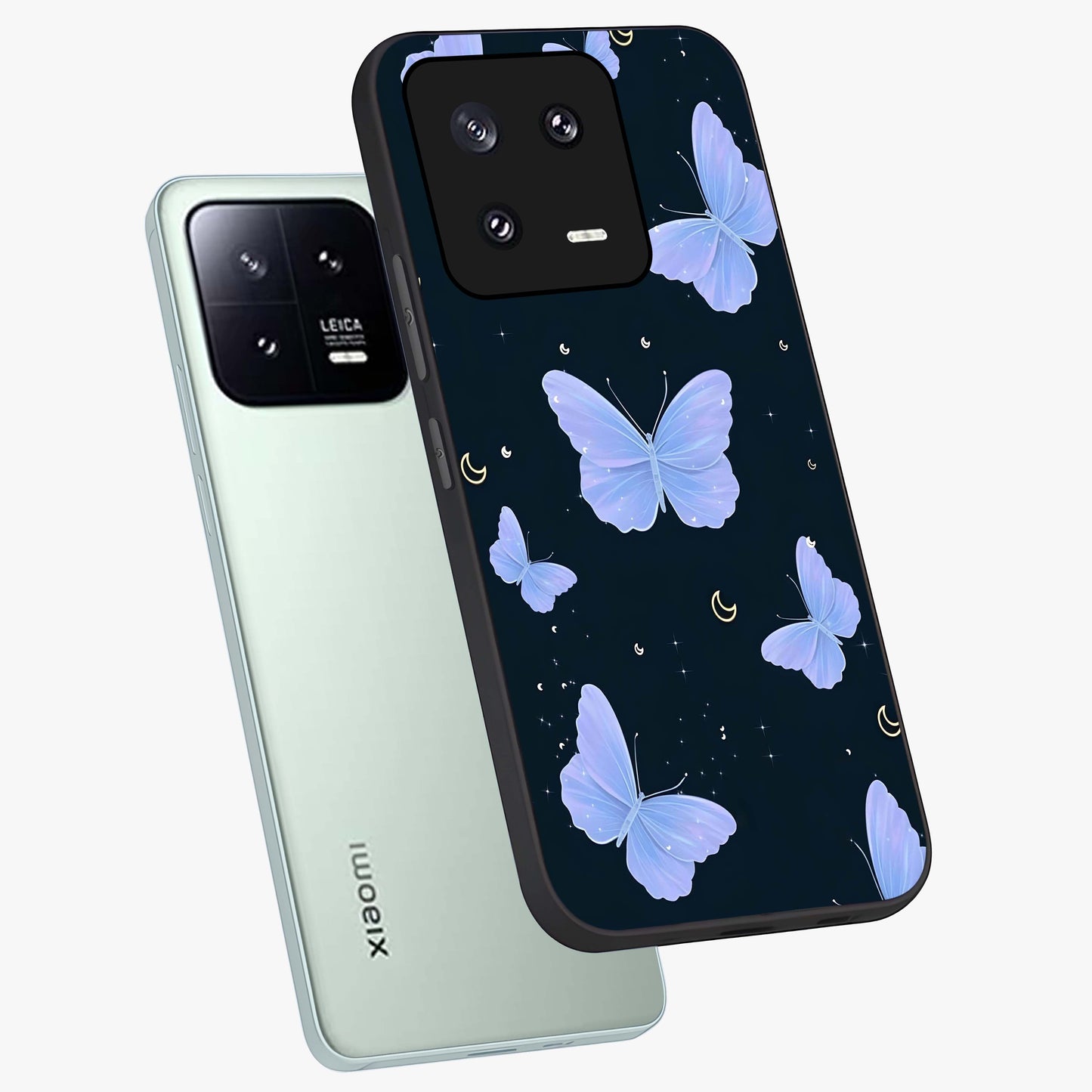 Butterfly With Stars Pattern Glass Case displayed in angled mockup highlighting dreamy butterfly and star design with aesthetic theme.