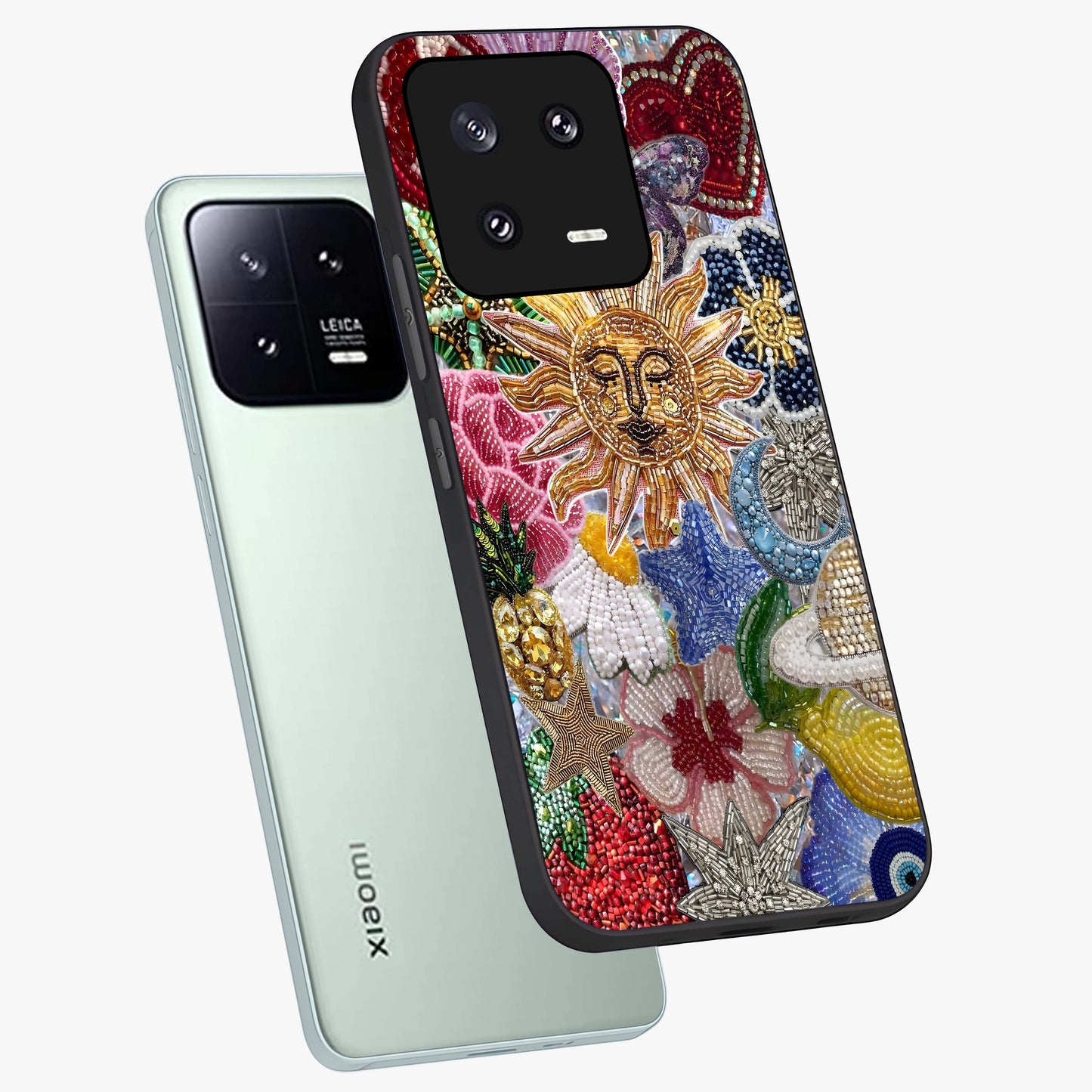 Celestial Floral and Playful Glass Case displayed in angled mockup highlighting playful floral design with dreamy celestial elements.