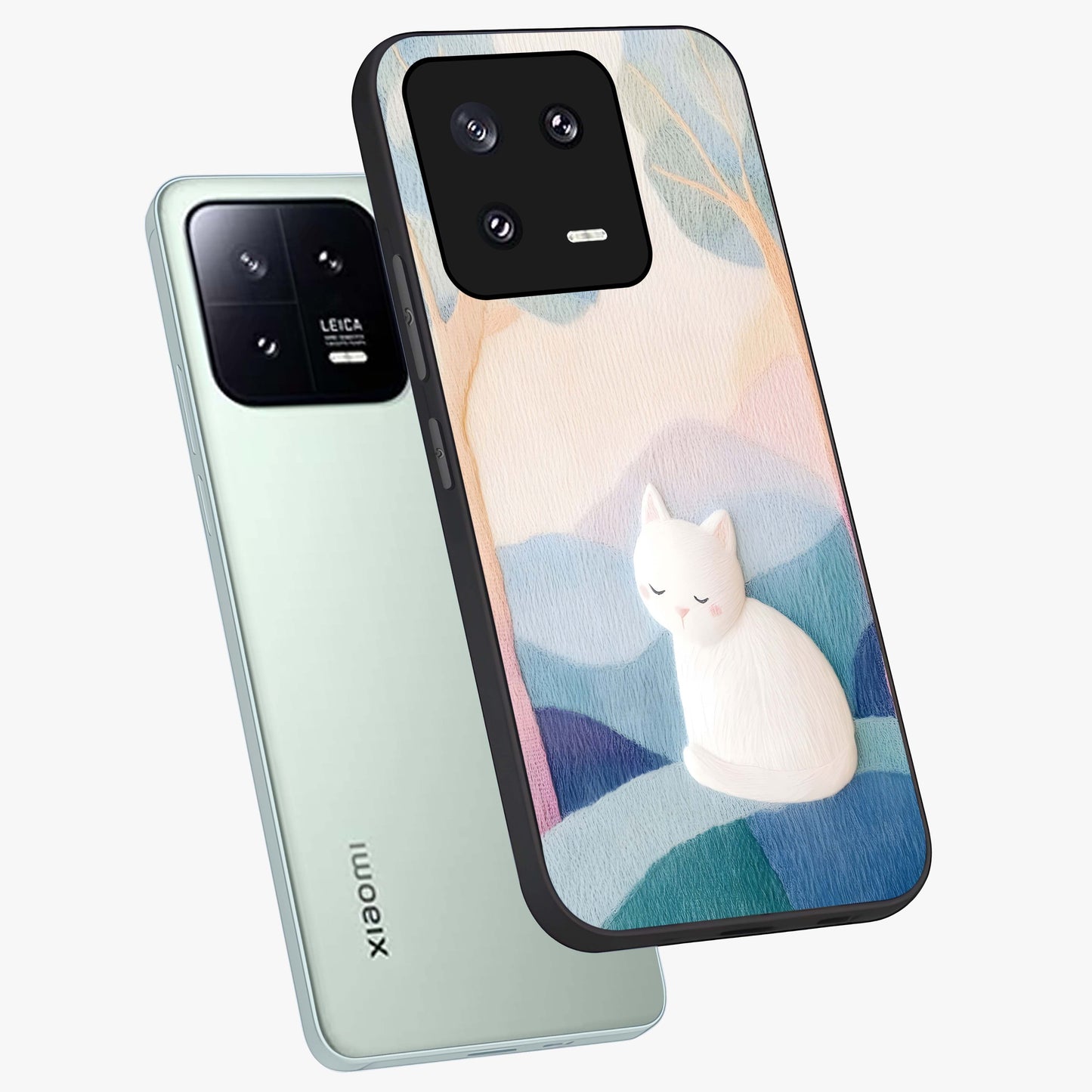 Cotton Dream Cat Glass Case displayed in angled mockup highlighting cute feline illustration with pastel aesthetic style.