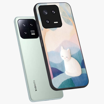Cotton Dream Cat Glass Case displayed in angled mockup highlighting cute feline illustration with pastel aesthetic style.