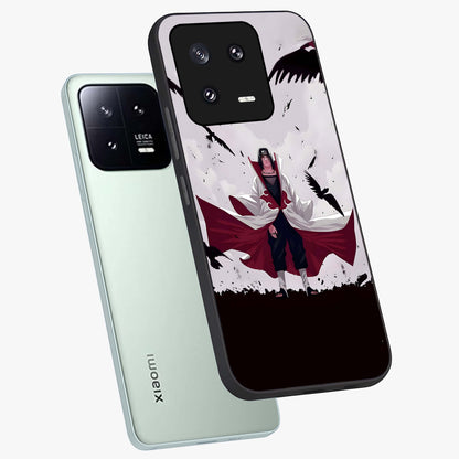 Crimson Crow Ascension Glass Case displayed in angled mockup highlighting powerful crow illustration with dark crimson aesthetic.