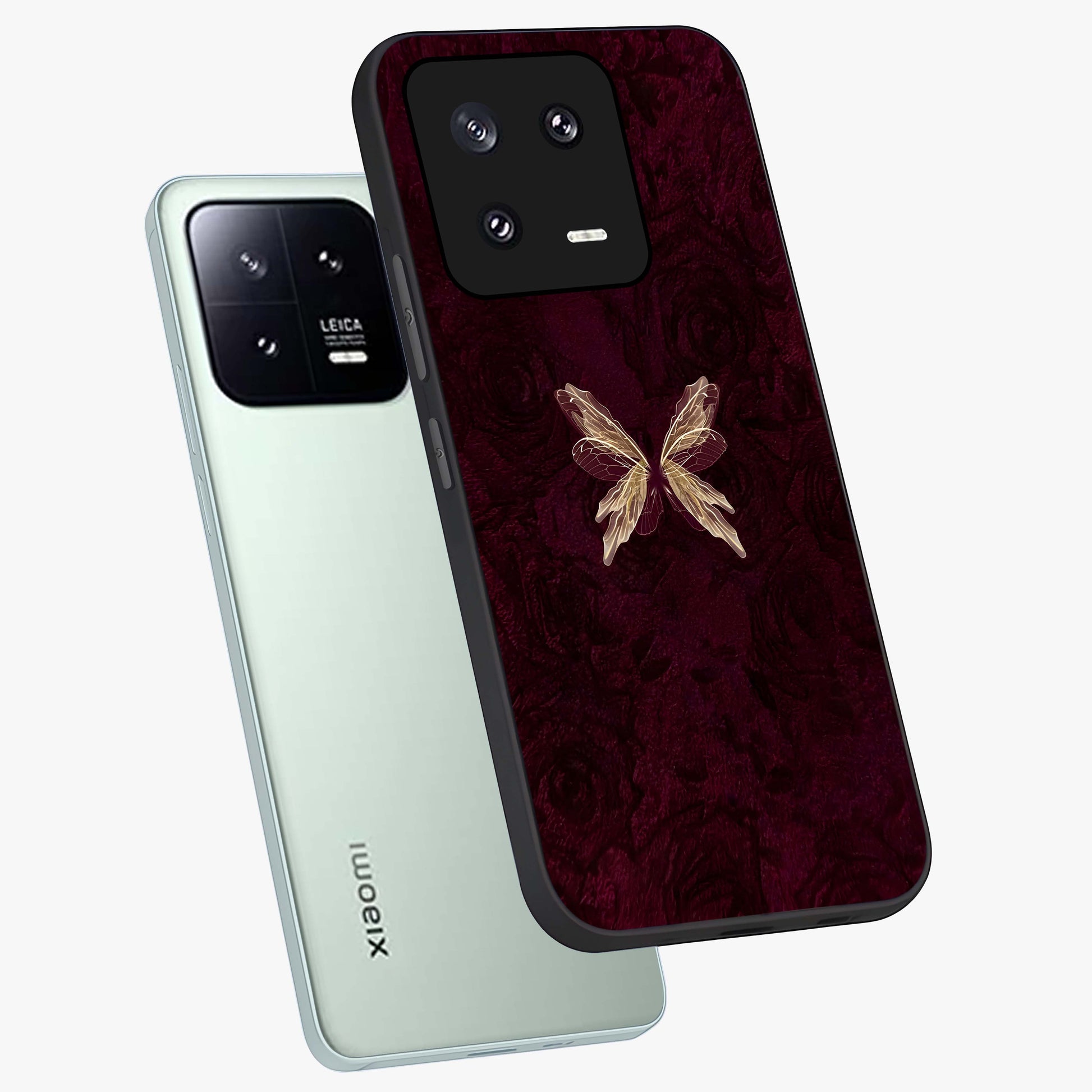 Crimson Fade Butterfly Glass Case displayed in angled mockup highlighting elegant butterfly design with crimson gradient aesthetic.
