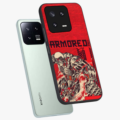 Crimson Mecha Titan Glass Case displayed in angled mockup highlighting futuristic mech illustration with bold crimson aesthetic.