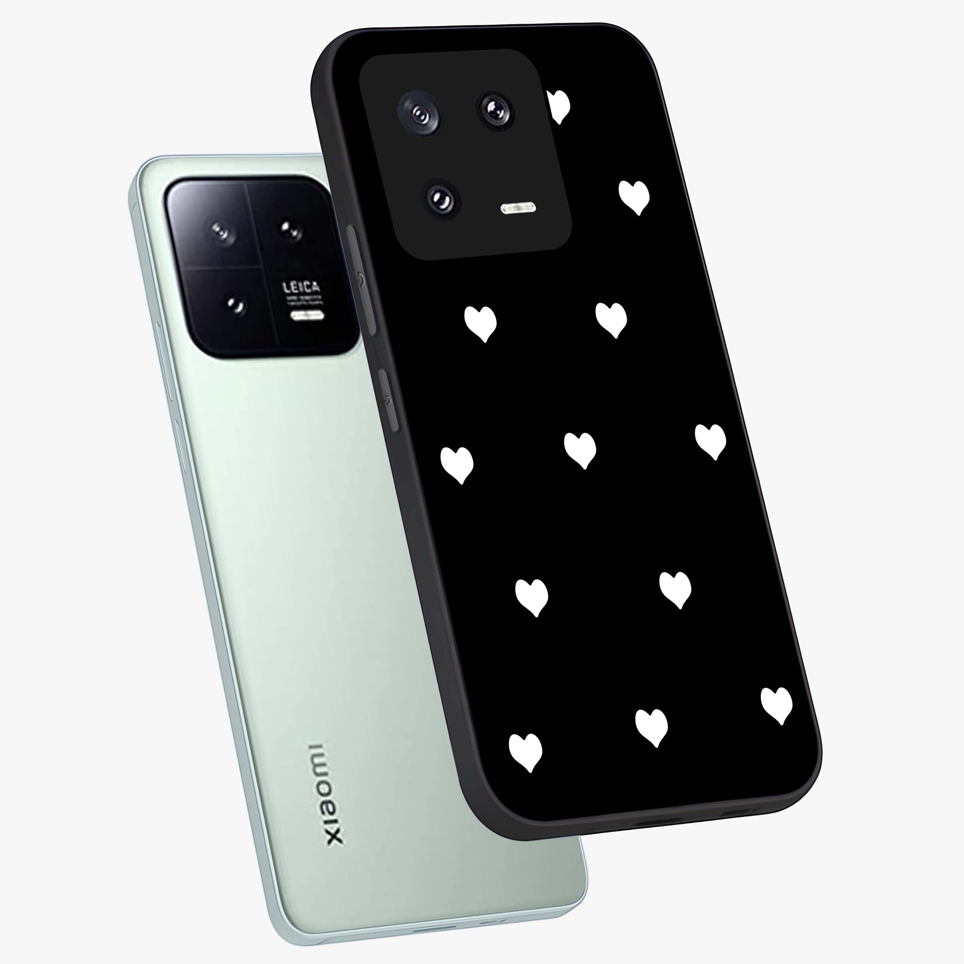 Cute And Simple White Hearts Glass Case displayed in angled mockup highlighting cute heart design with clean aesthetic style.