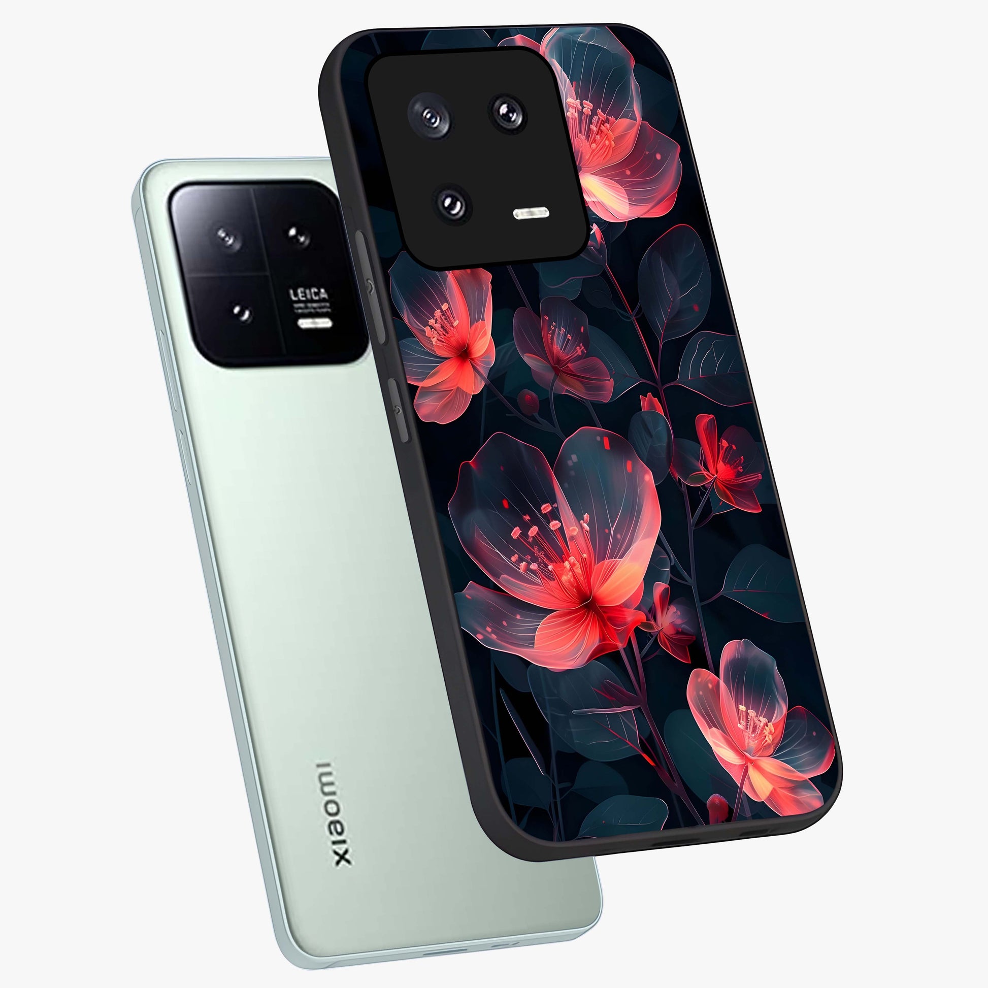 Dark Shade of Flower Glass Case displayed in angled mockup highlighting moody floral illustration with aesthetic dark tones.