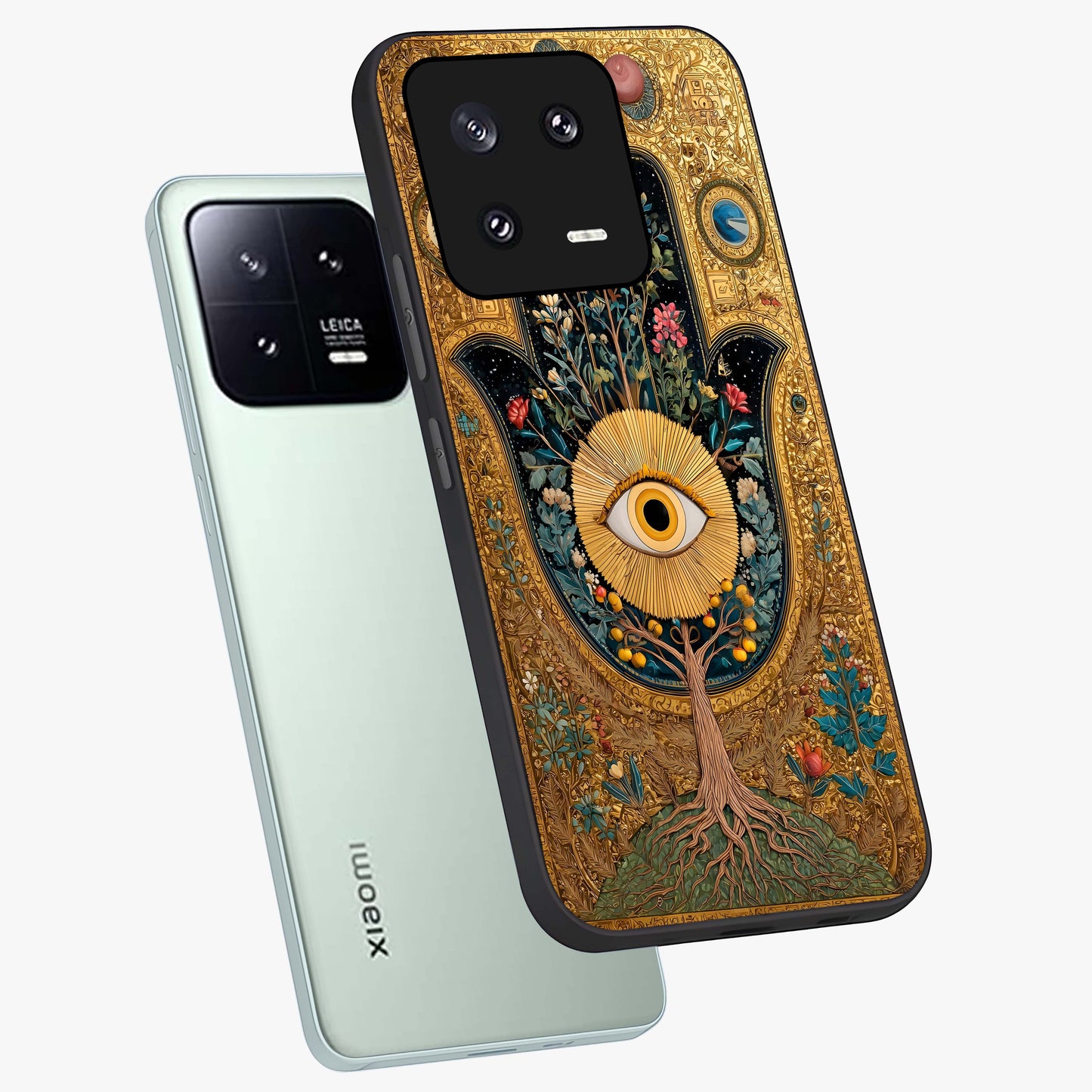 Ethereal Evil Eye Glass Case displayed in angled mockup highlighting protective evil eye symbol with spiritual aesthetic design.