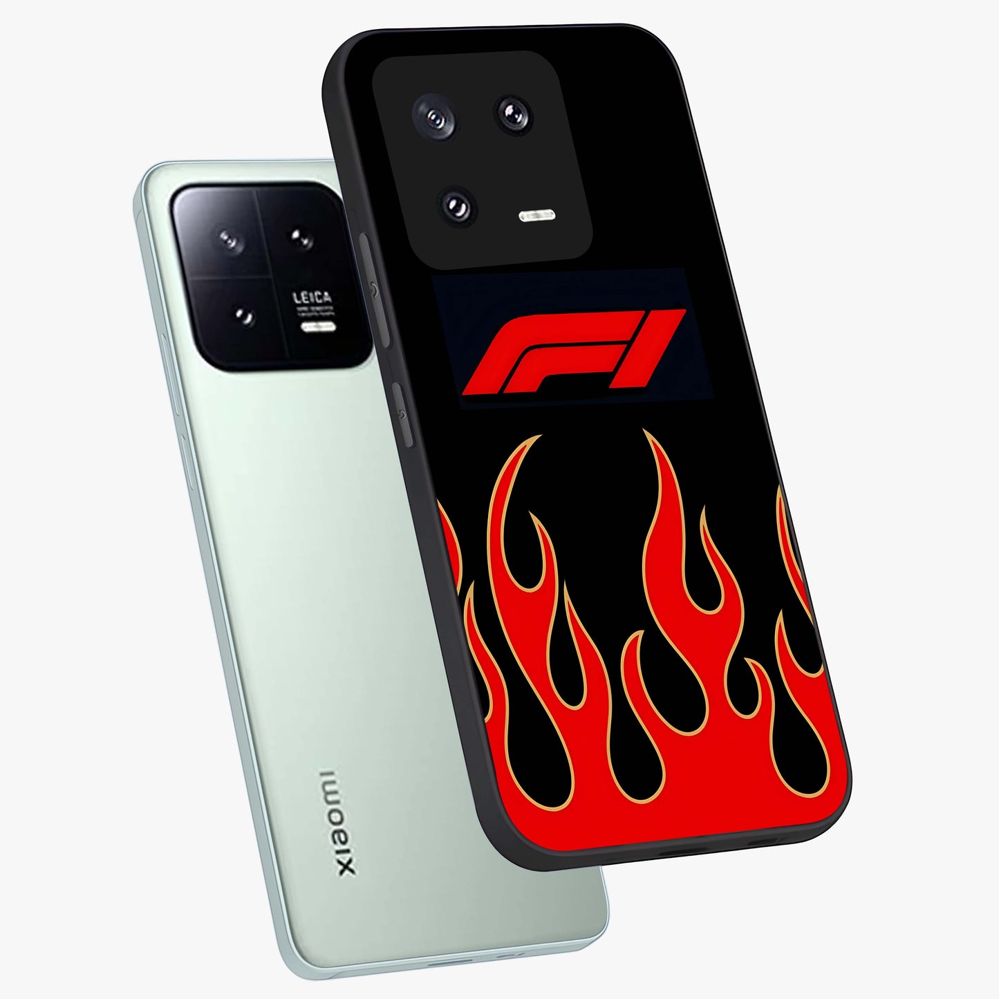 Fire F11 Glass Case displayed in angled mockup highlighting bold fire inspired graphic with energetic aesthetic style.