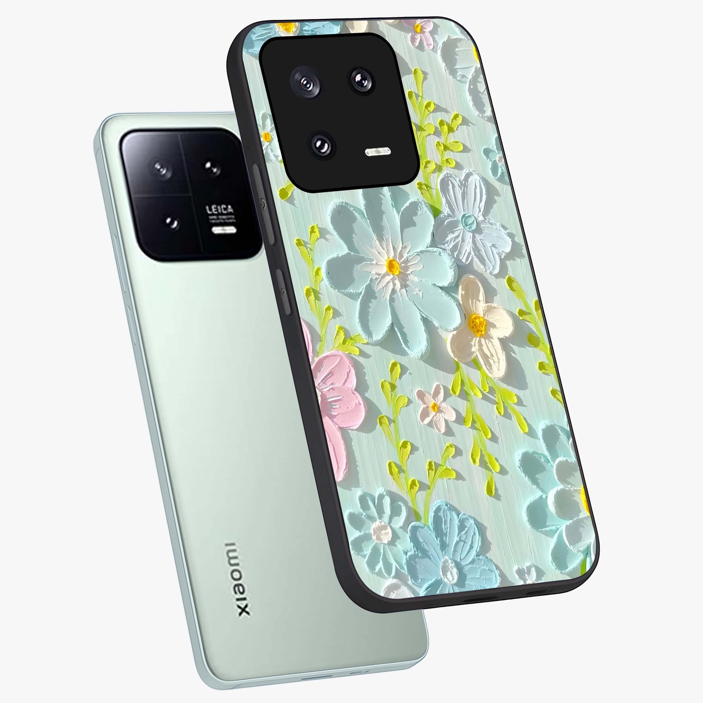 Frosted Petal Garden Glass Case displayed in angled mockup highlighting delicate flower petal design with calm garden aesthetic.