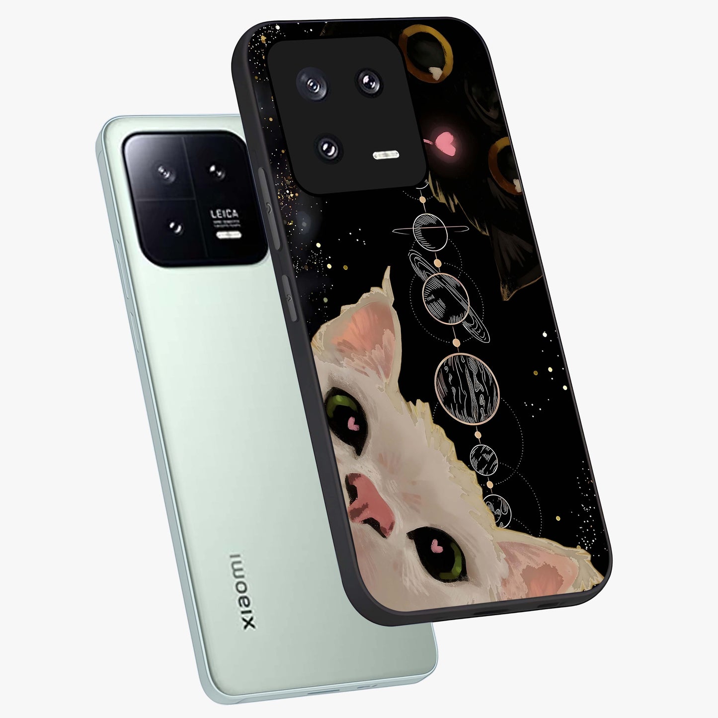 Galactic Cat Glass Case displayed in angled mockup highlighting celestial feline illustration with galaxy aesthetic style.