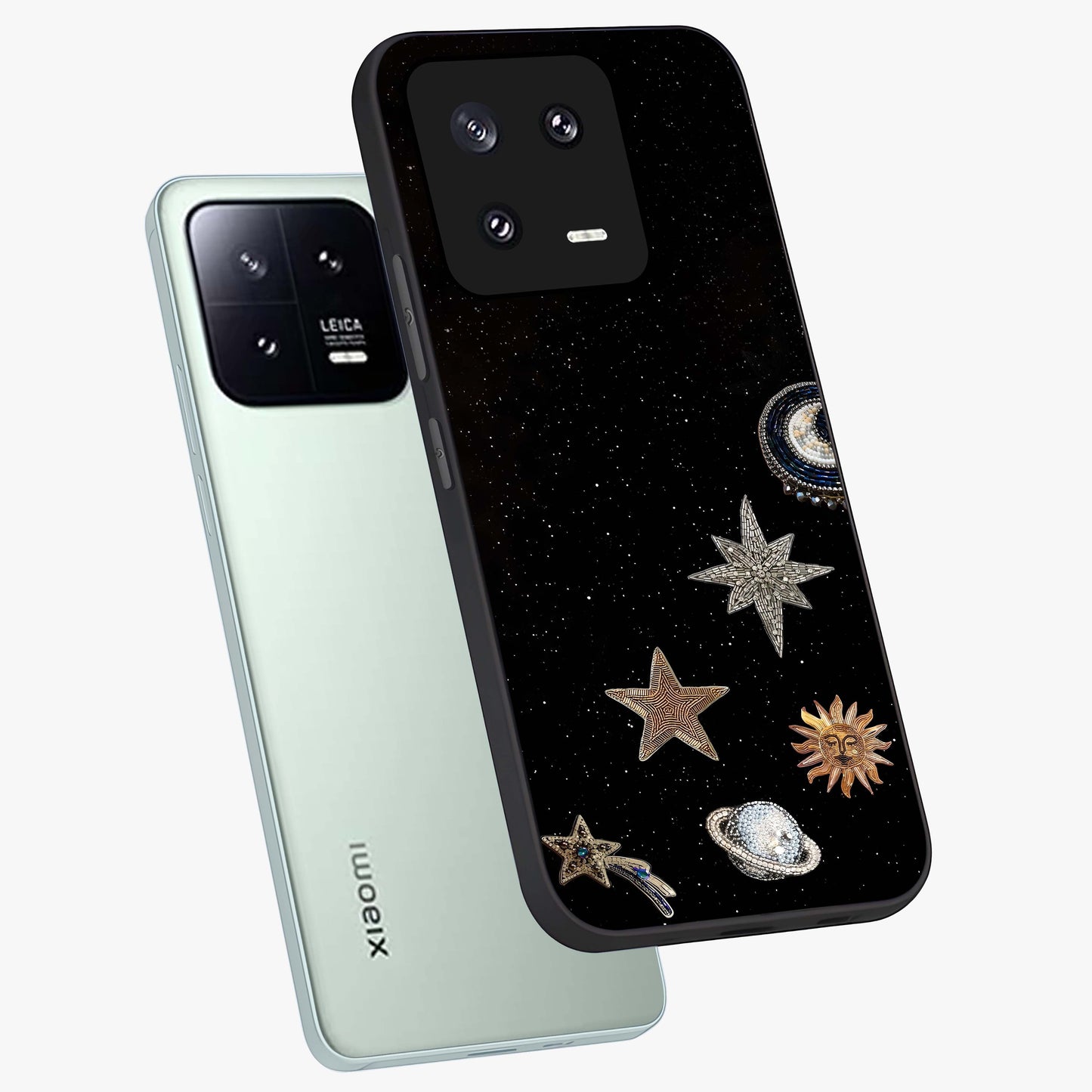 Galactic Charm Glow Glass Case displayed in angled mockup highlighting luminous galaxy inspired design with dreamy aesthetic.