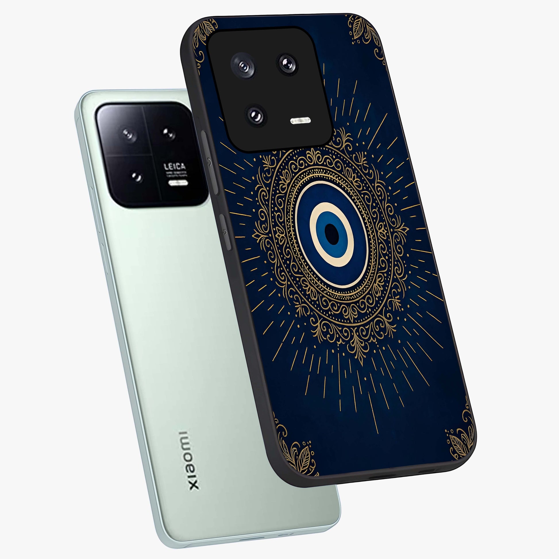 Golden Celestial Charm Glass Case displayed in angled mockup highlighting sparkling cosmic charm design with celestial aesthetic.