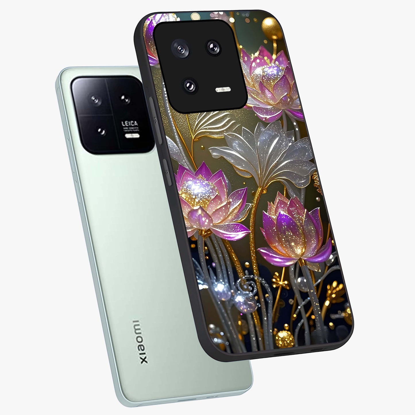 Golden Floral Majesty Glass Case displayed in angled mockup highlighting elegant flower design with royal golden aesthetic.