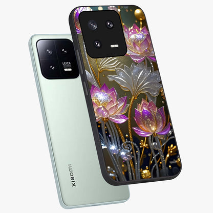 Golden Floral Majesty Glass Case displayed in angled mockup highlighting elegant flower design with royal golden aesthetic.