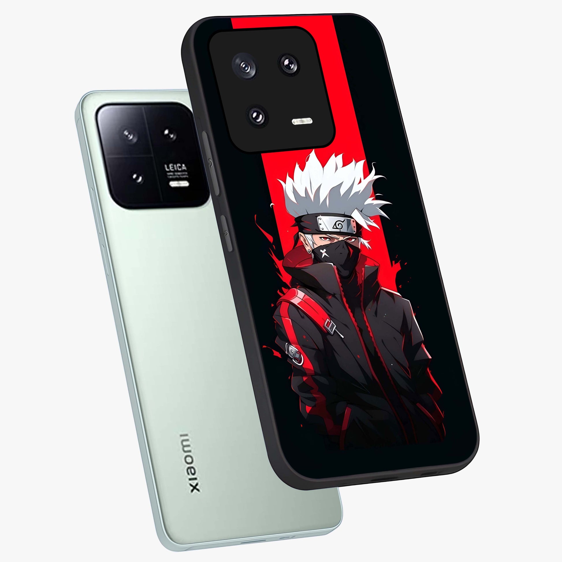 Kakashi Scarlet Shadow Glass Case displayed in angled mockup highlighting dramatic ninja illustration with scarlet themed aesthetic.
