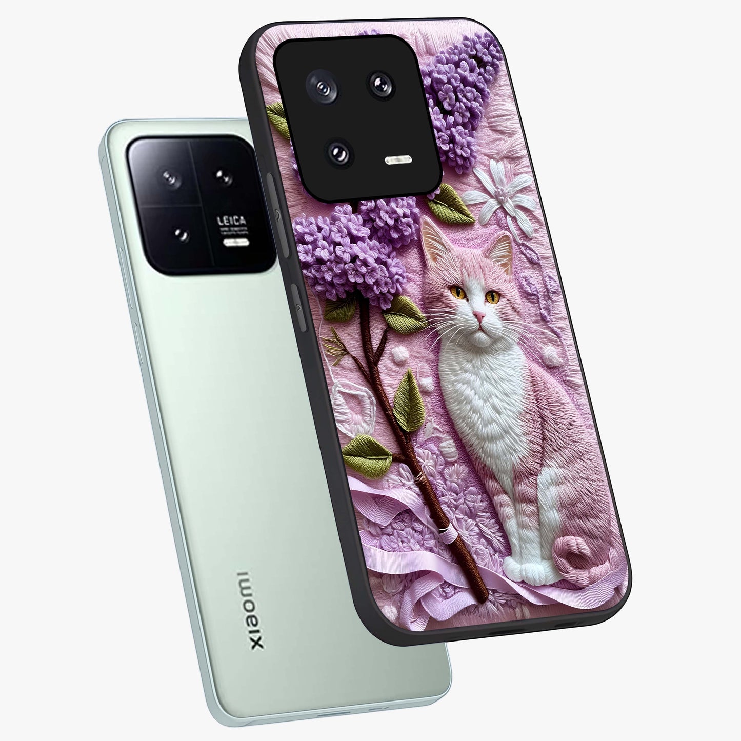 Lavender Cat Whimsy Glass Case displayed in angled mockup highlighting playful feline illustration with pastel lavender aesthetic.