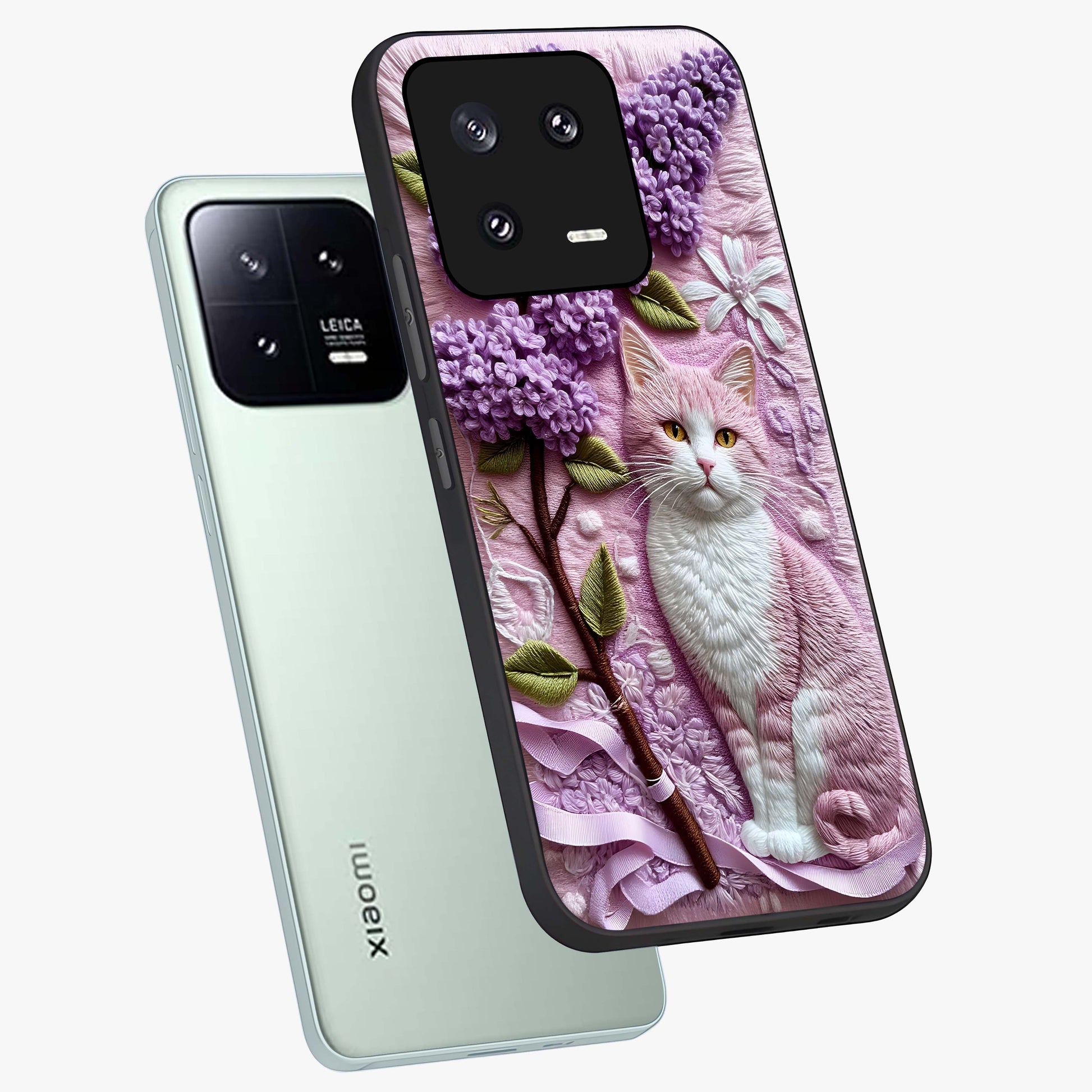 Lavender Cat Whimsy Glass Case displayed in angled mockup highlighting playful feline illustration with pastel lavender aesthetic.
