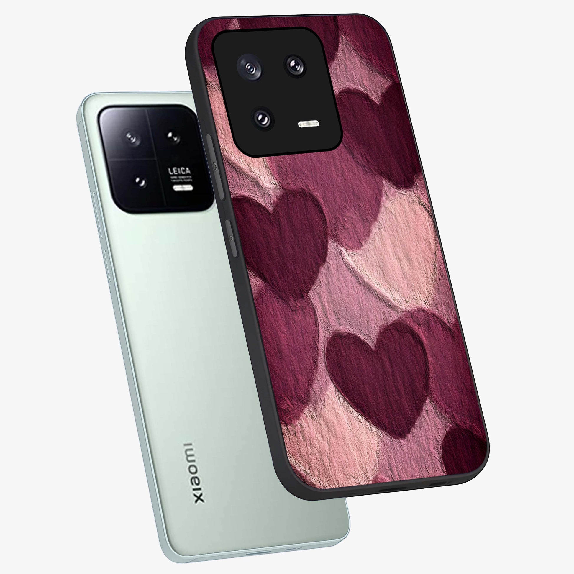 Layered Paper Hearts Glass Case displayed in angled mockup highlighting creative paper craft heart design with romantic aesthetic.