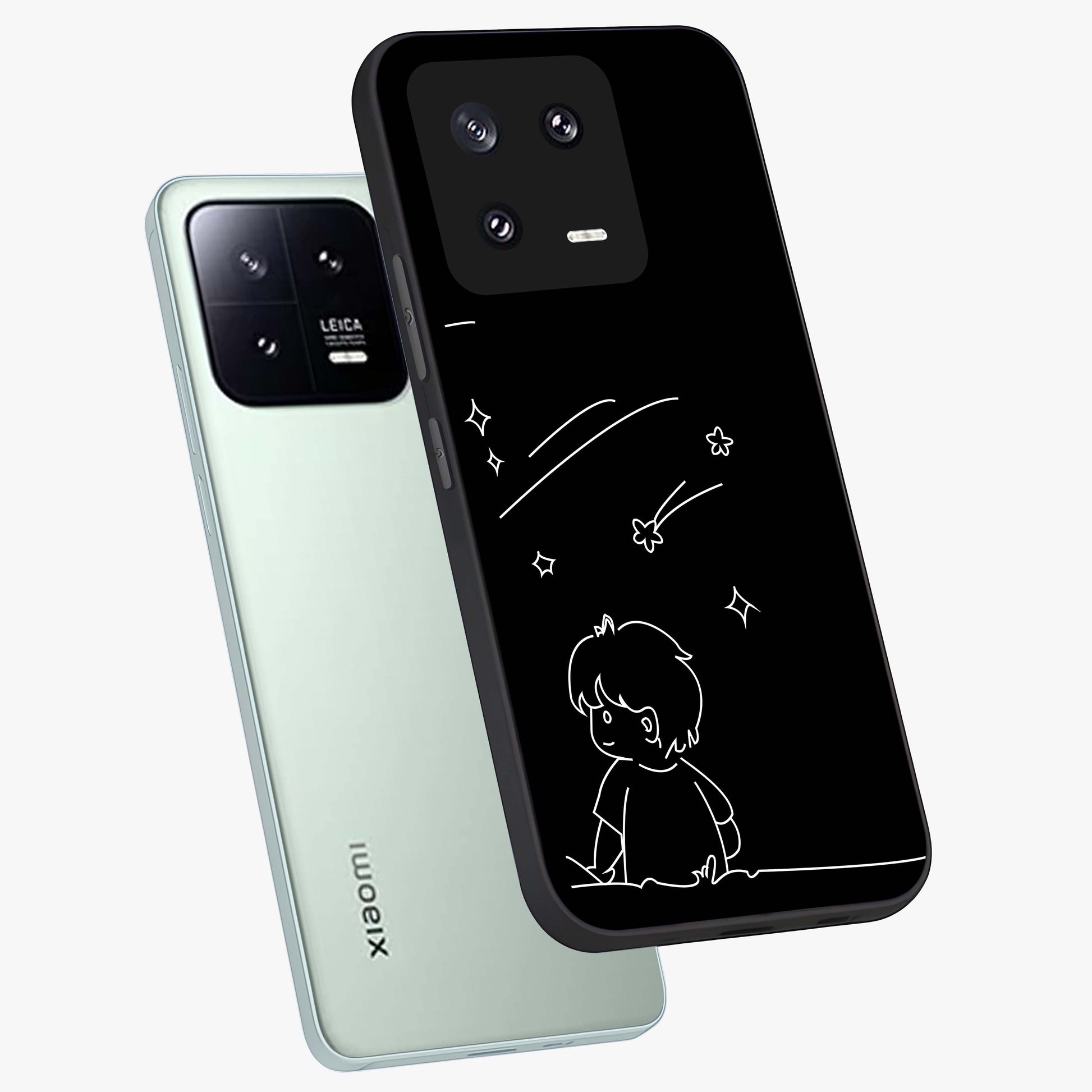 Line Art Boy With Shooting Stars Glass Case displayed in angled mockup highlighting elegant line art design with dreamy star aesthetic.