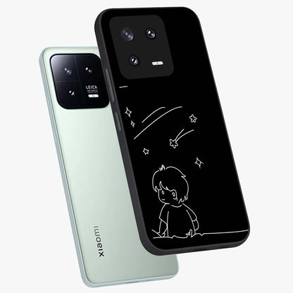 Line Art Boy With Shooting Stars Glass Case displayed in angled mockup highlighting elegant line art design with dreamy star aesthetic.