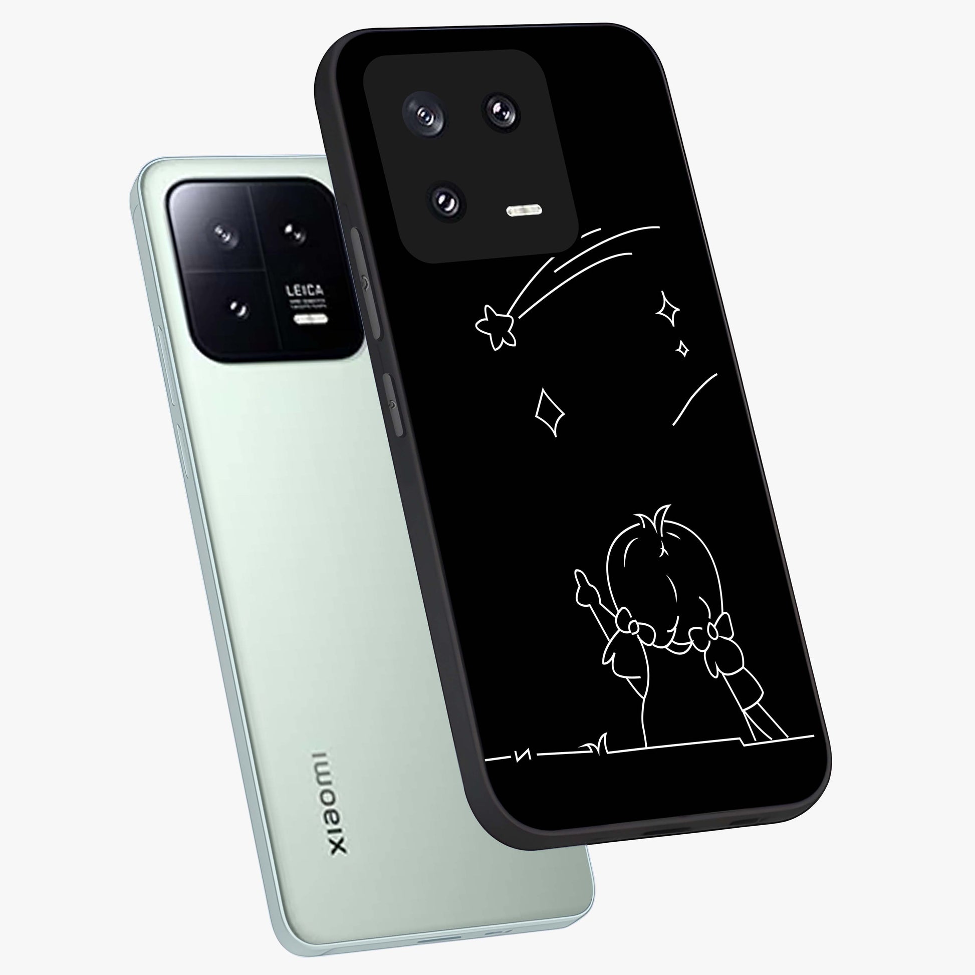 Line Art Girl With Shooting Stars Glass Case displayed in angled mockup highlighting elegant line art design with dreamy star aesthetic.