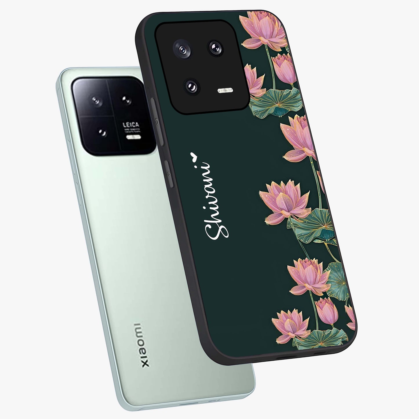 Lotus Bloom Serenity Custom Name Glass Case displayed in angled mockup highlighting graceful lotus illustration with custom name feature.