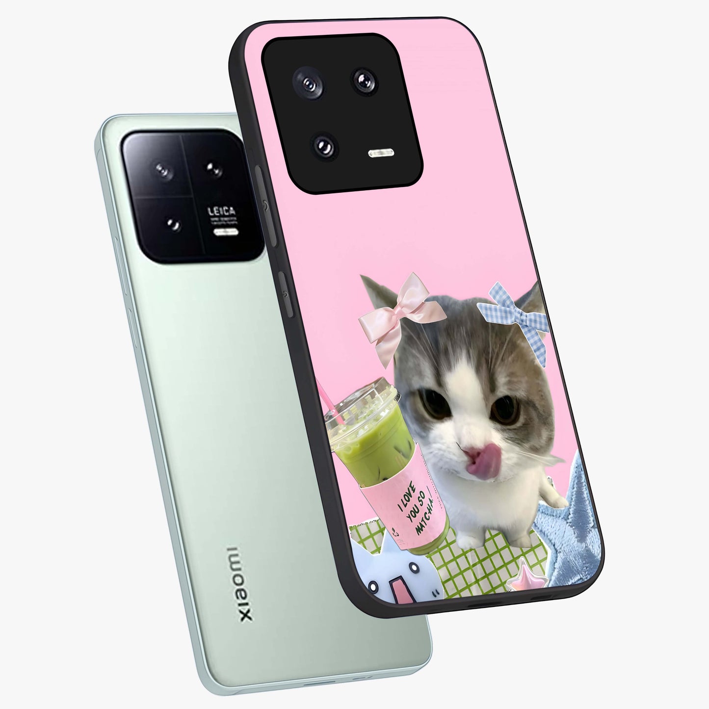 Love Matcha Cat Glass Case displayed in angled mockup highlighting playful feline illustration with cozy matcha aesthetic.