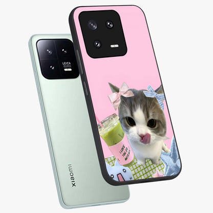 Love Matcha Cat Glass Case displayed in angled mockup highlighting playful feline illustration with cozy matcha aesthetic.