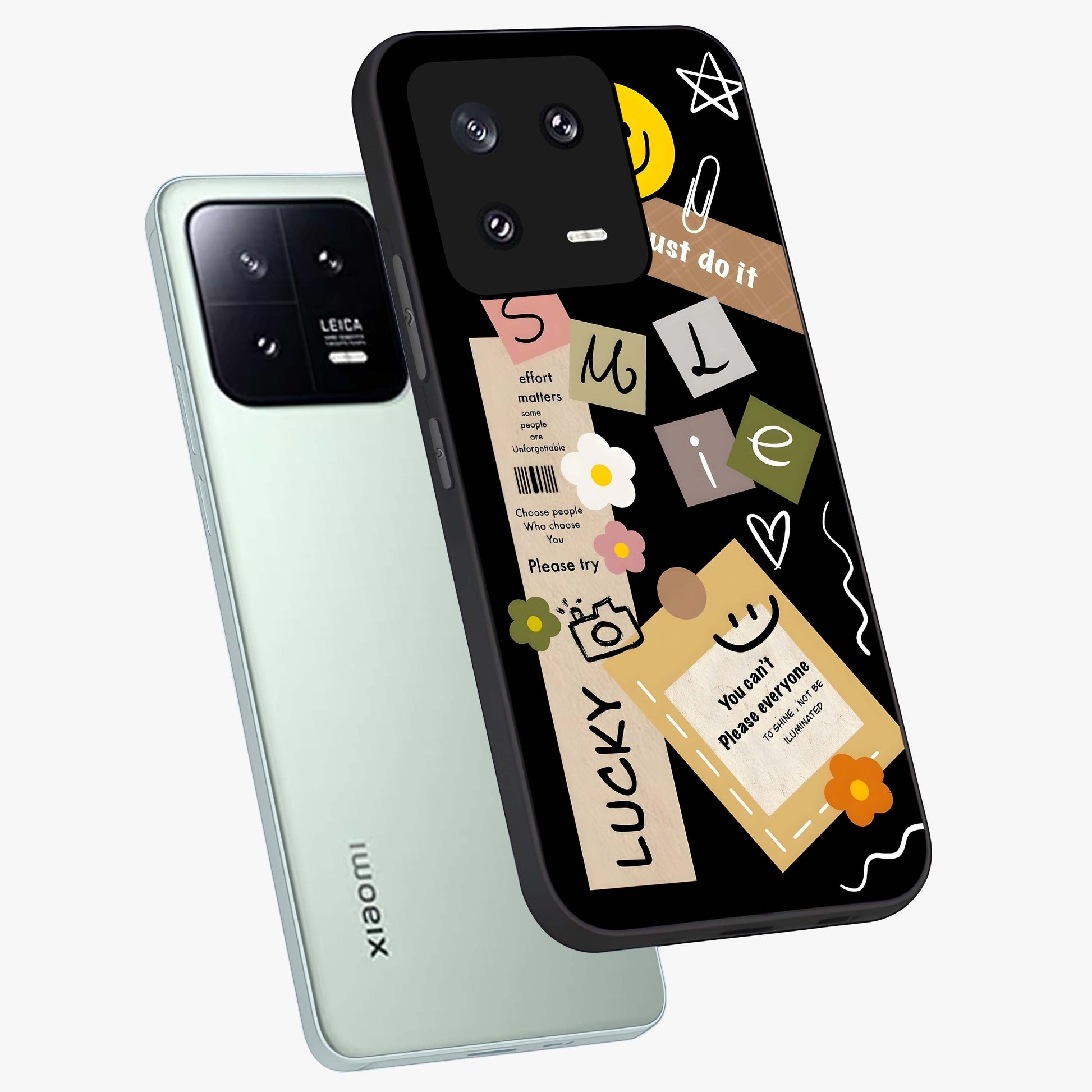 Lucky Aesthetic Collage Glass Case displayed in angled mockup highlighting stylish collage pattern with modern aesthetic vibe.