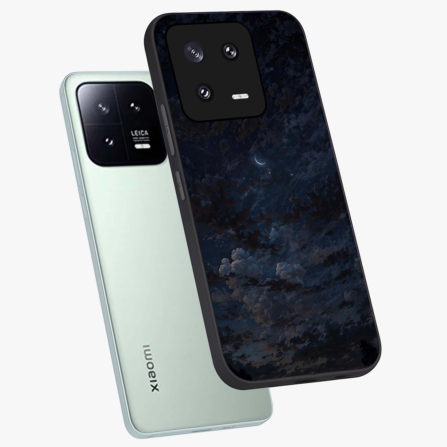 Lunar Veil Silence Glass Case displayed in angled mockup highlighting soft lunar design with peaceful celestial aesthetic.