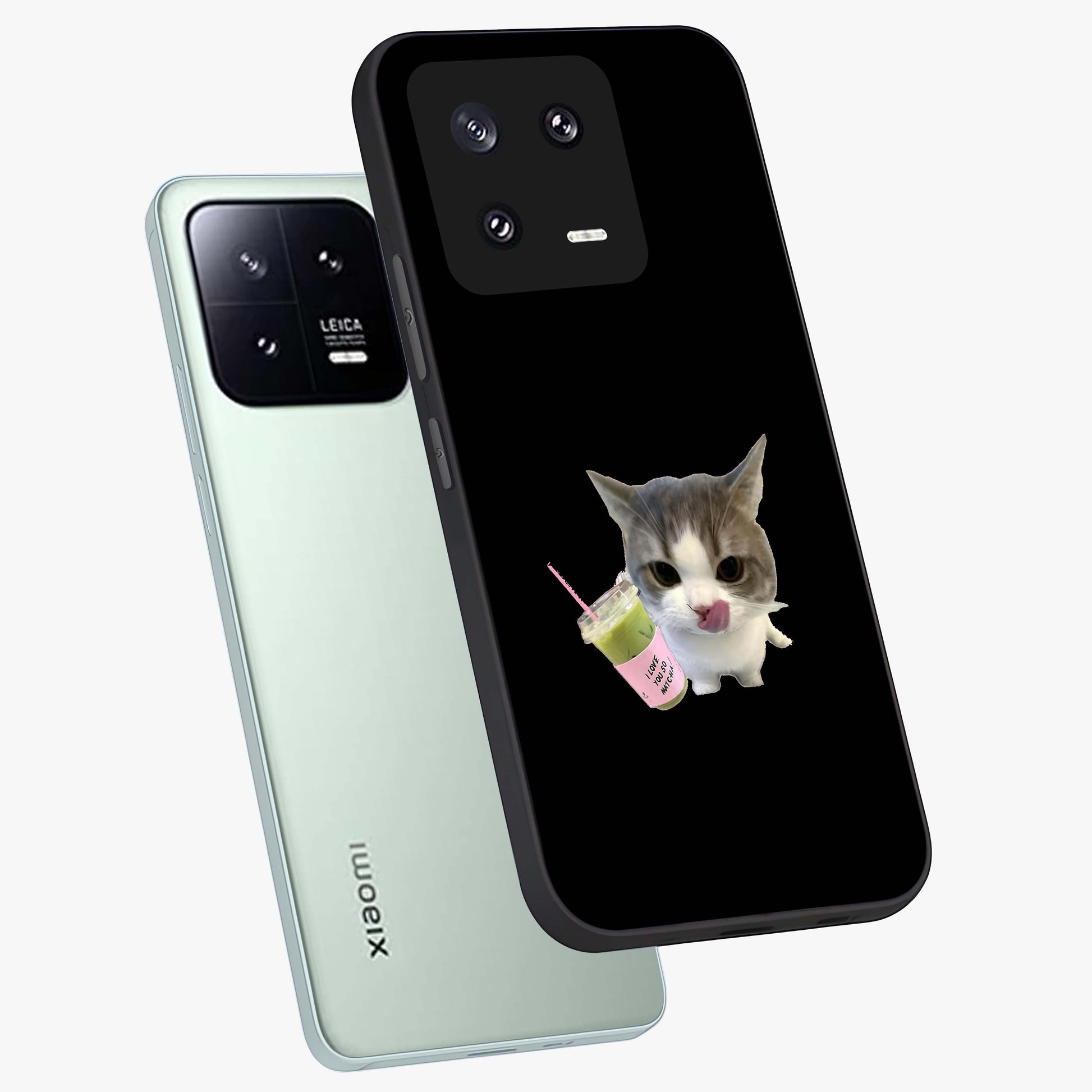 Matcha Cat Style Glass Case displayed in angled mockup highlighting playful feline design with pastel matcha aesthetic.