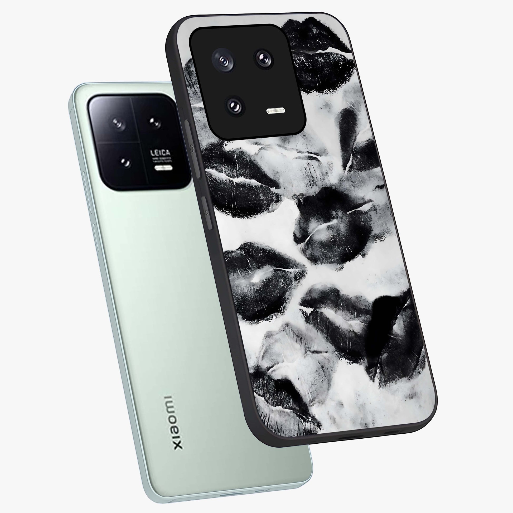 Midnight Kiss Marks Glass Case displayed in angled mockup highlighting playful romantic design with bold midnight aesthetic.