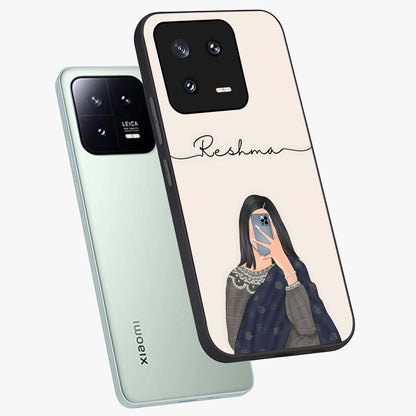 Mirror Mood Muse With Custom Name Glass Case displayed in angled mockup highlighting aesthetic mirror inspired design with custom name feature.