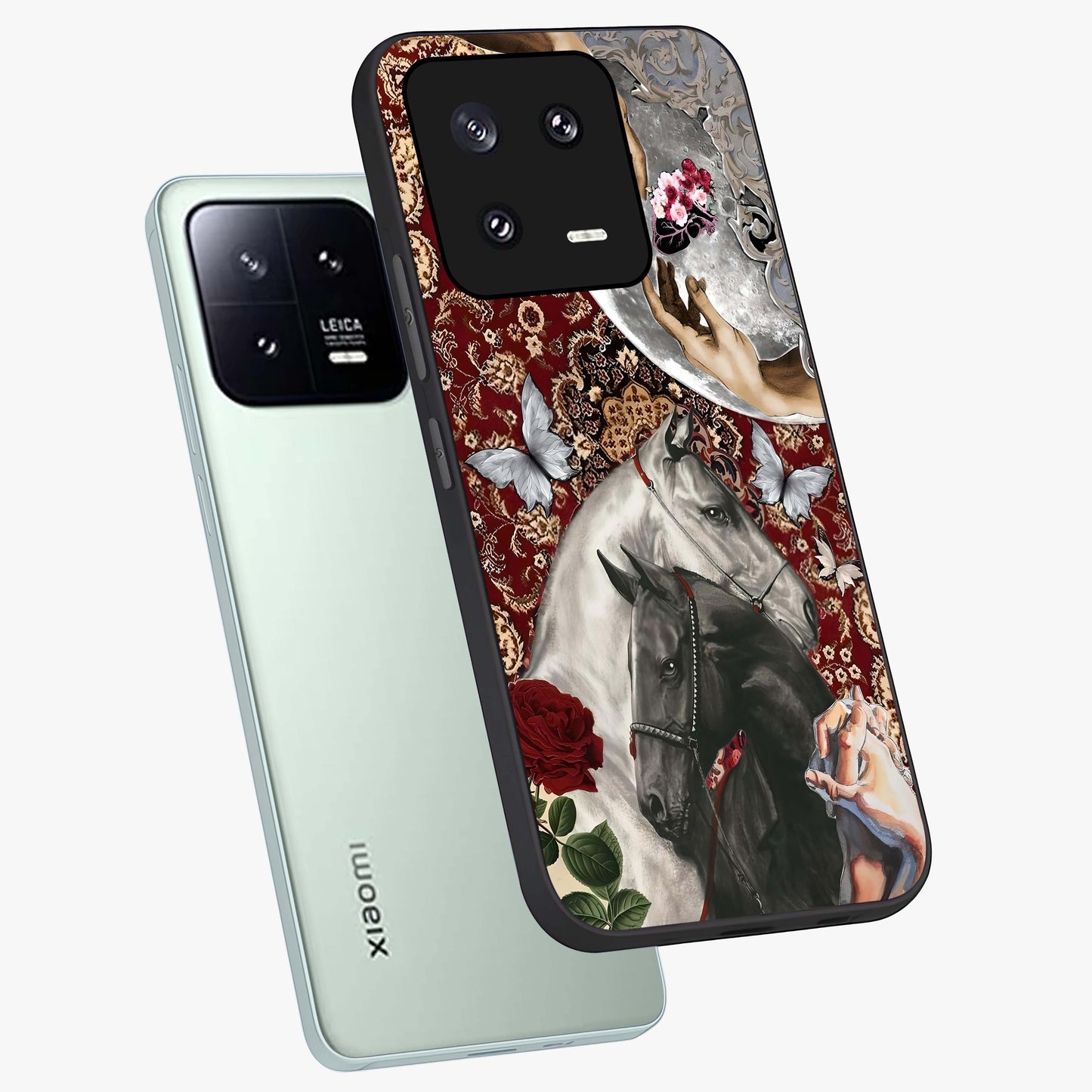 Moonlit Royal Stallion Glass Case displayed in angled mockup highlighting powerful stallion illustration with royal night aesthetic.