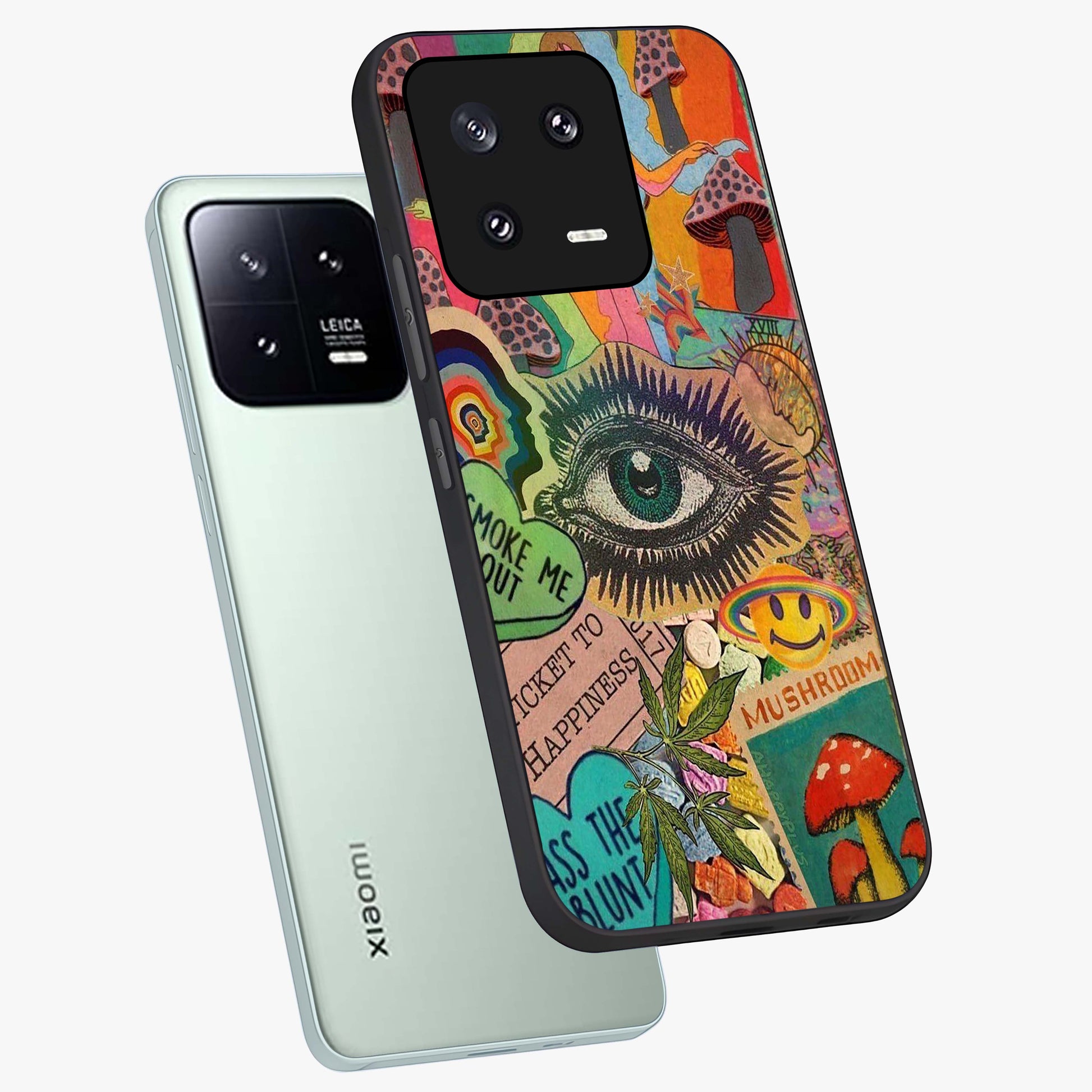 Mystic Eye Wonderland Glass Case displayed in angled mockup highlighting magical eye illustration with dreamy aesthetic.