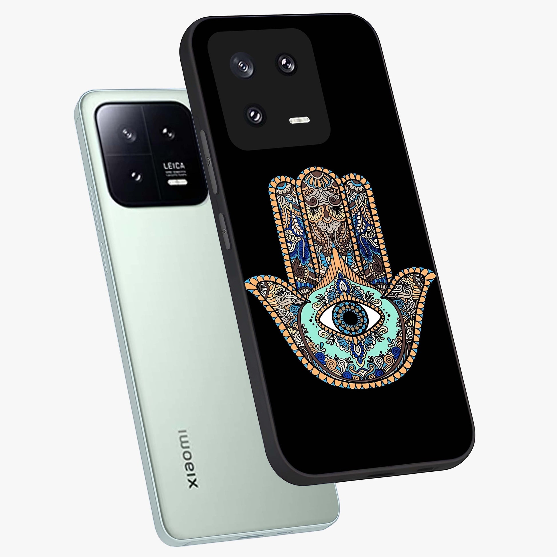 Mystic Hamsa Eye Glass Case displayed in angled mockup highlighting spiritual hamsa symbol with mystical aesthetic style.