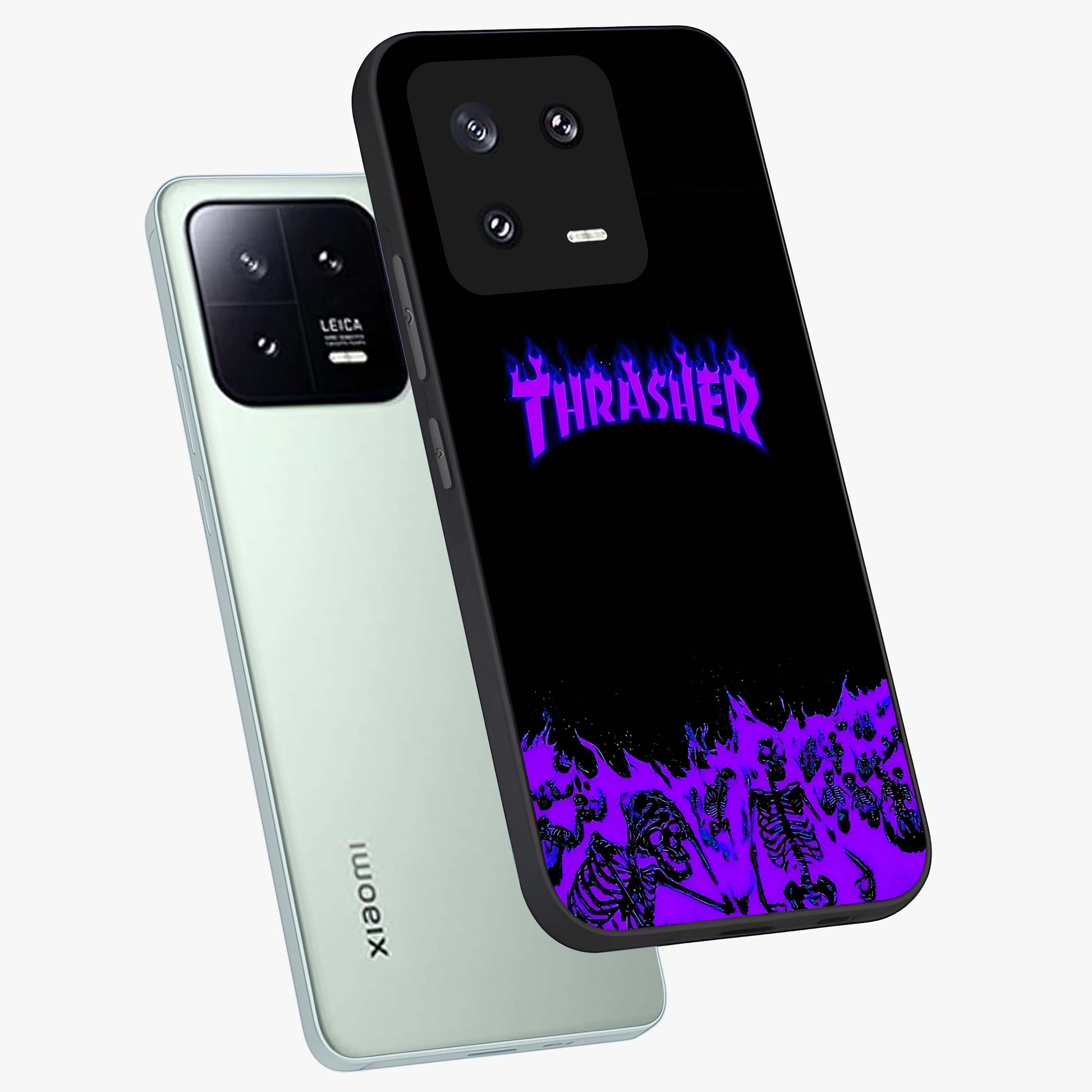 Neon Flame Riot Glass Case displayed in angled mockup highlighting glowing flame design with vibrant neon aesthetic.