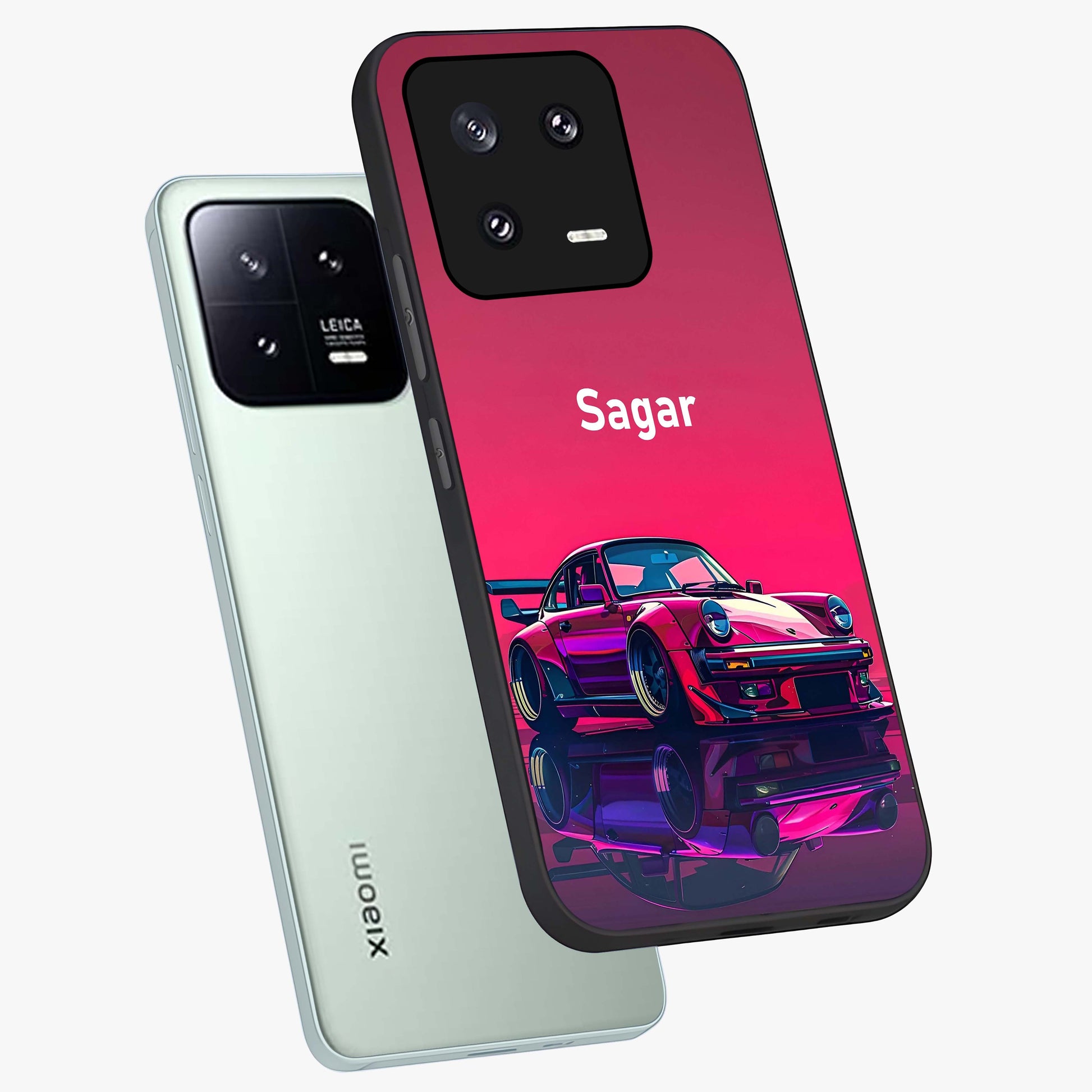 Neon Pink Porsche Glass Case displayed in angled mockup highlighting sleek neon pink car design with racing aesthetic.