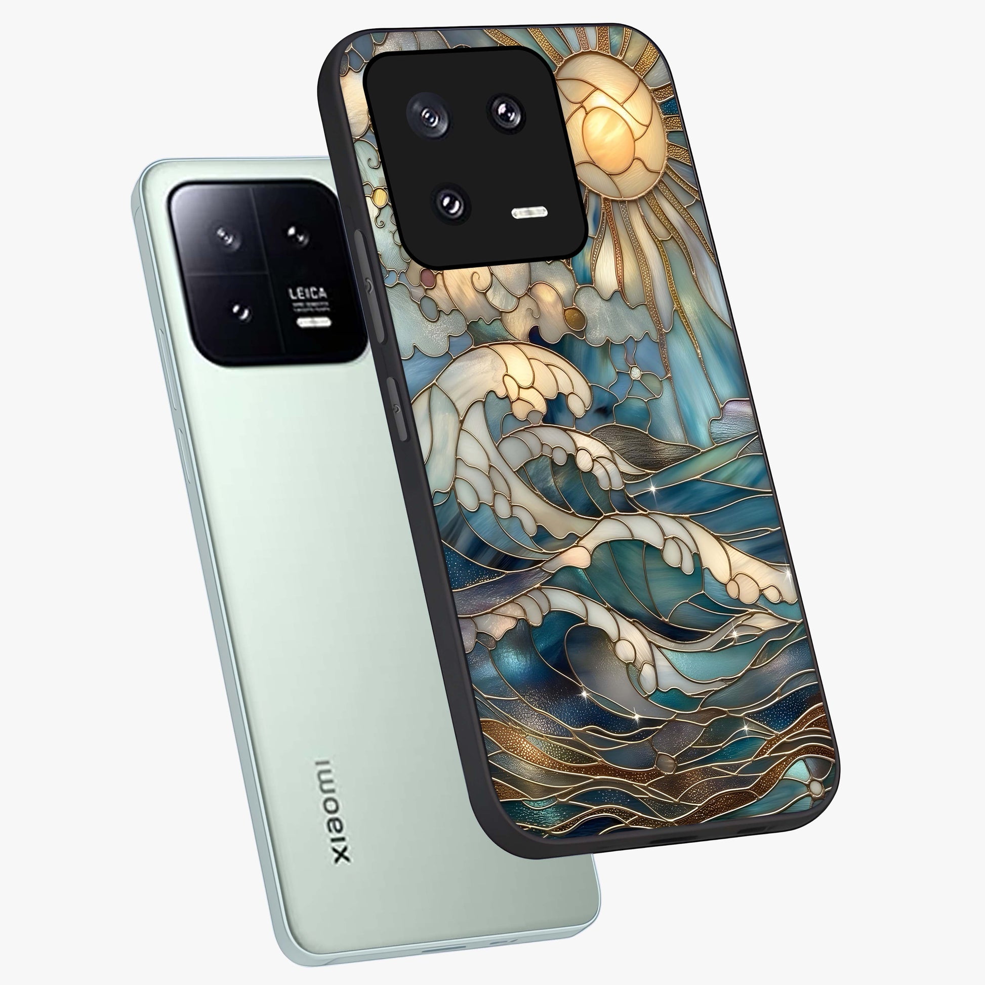 Oceanic Stained Printed Glass Case displayed in angled mockup highlighting colorful aquatic design with artistic aesthetic style.