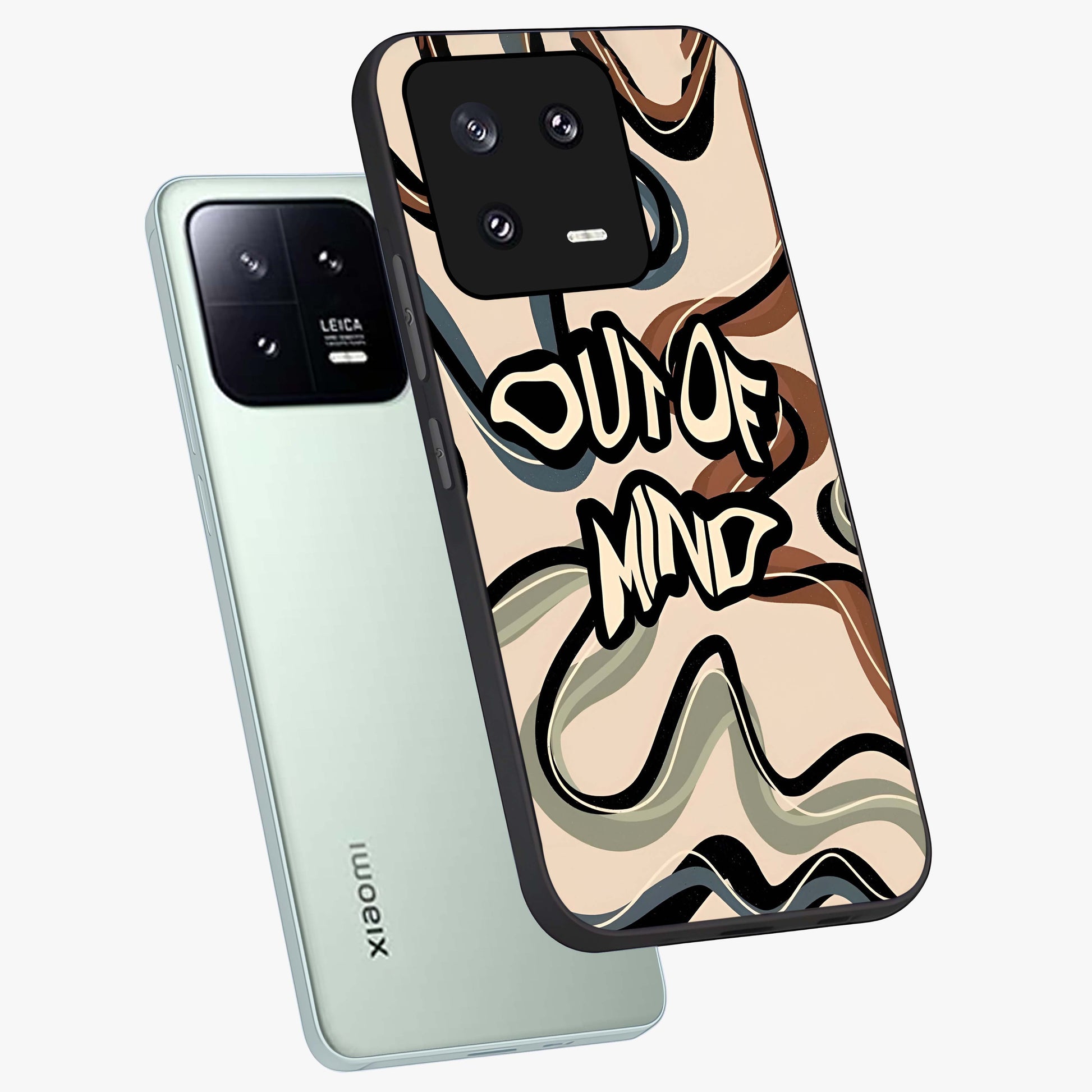 Out Of Mind Glass Case displayed in angled mockup highlighting bold statement design with modern artistic aesthetic.