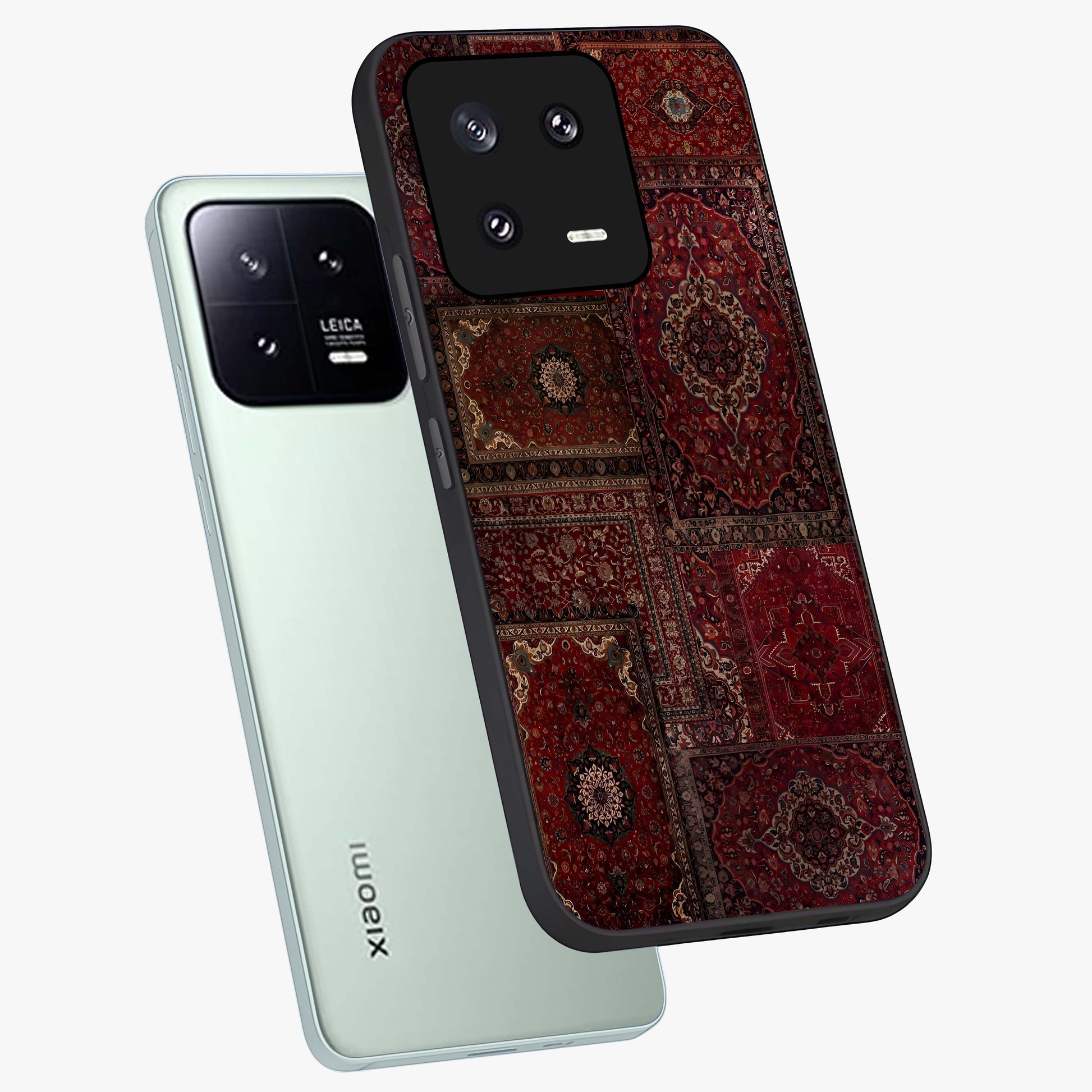 Persian Velvet Tale Glass Case displayed in angled mockup highlighting ornate textile inspired design with royal aesthetic.