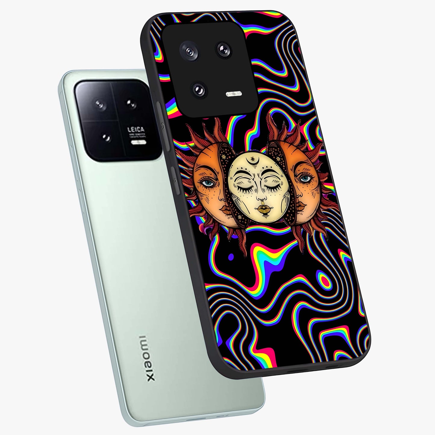 Psychedelic Sun Glass Case displayed in angled mockup highlighting vibrant abstract sun design with artistic aesthetic style.