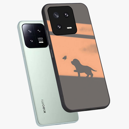 Puppy Shadow Art Glass Case displayed in angled mockup highlighting playful dog illustration with artistic shadow aesthetic.