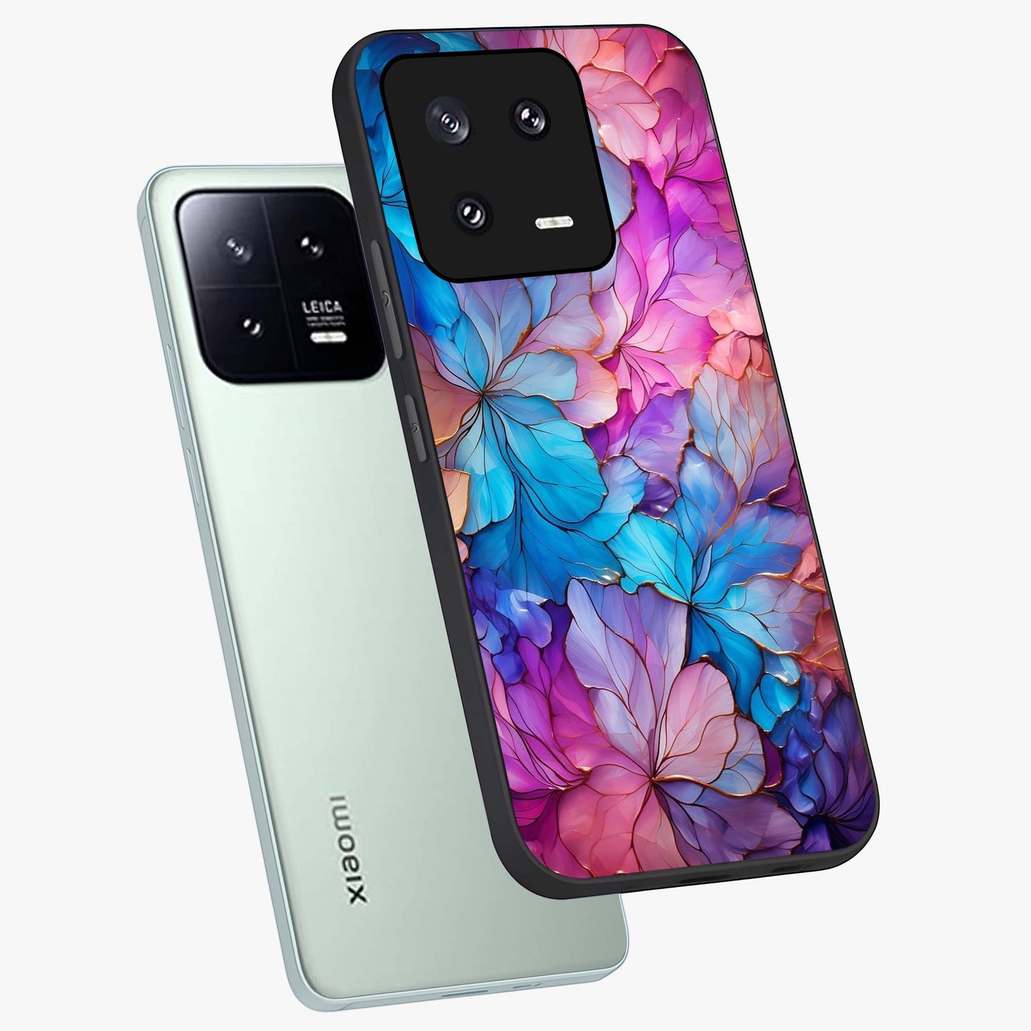 Radiant Floral Whirl Glass Case displayed in angled mockup highlighting vibrant flower pattern with dynamic artistic aesthetic.