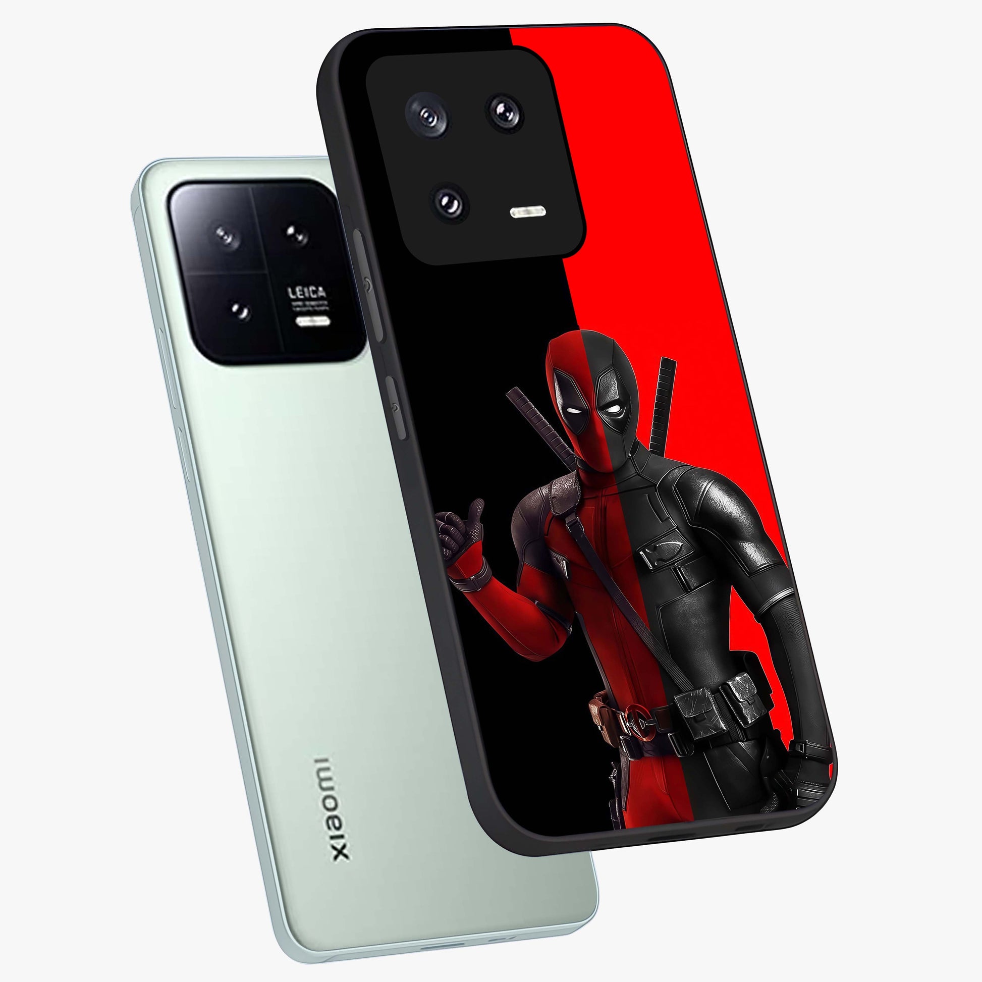 Red & Black Deadpool Theme Glass Case displayed in angled mockup highlighting vibrant superhero style illustration with action aesthetic.