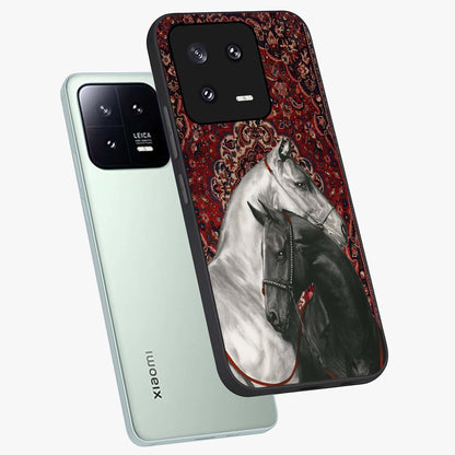 Regal Stallion Tapestry Glass Case displayed in angled mockup highlighting royal stallion design with decorative heritage aesthetic.