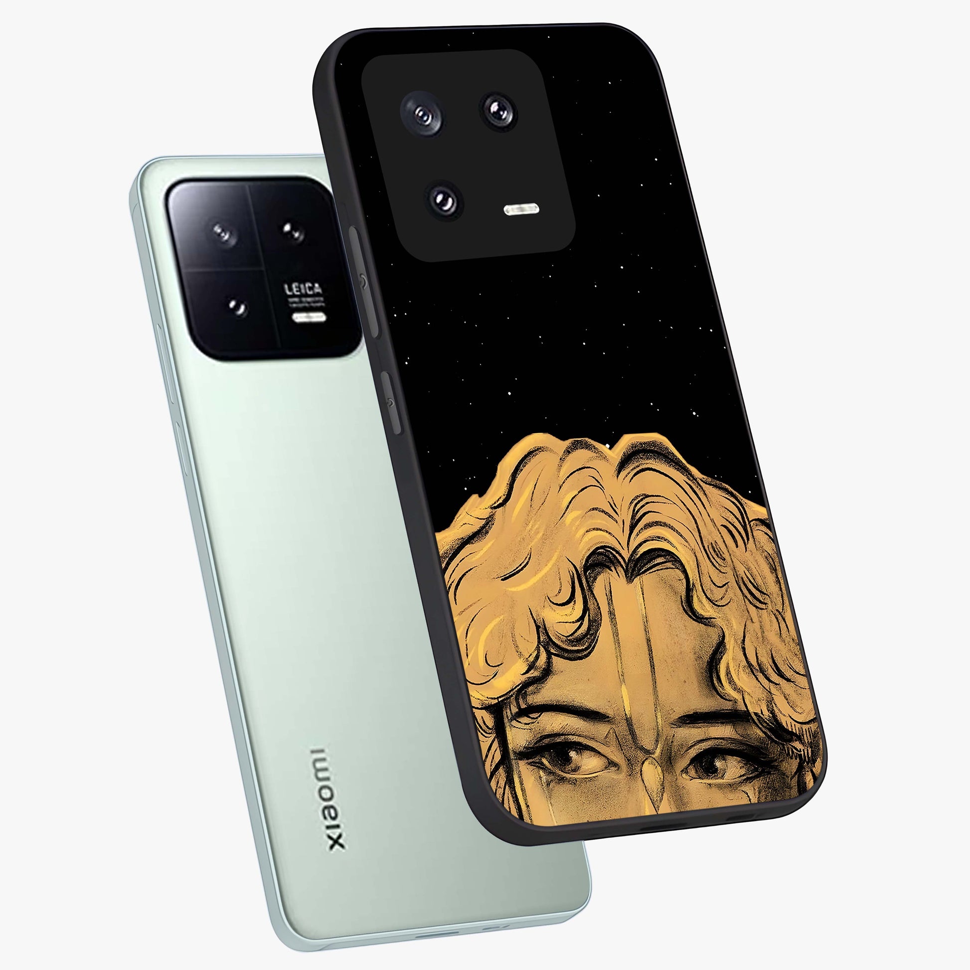Shri Krishna Art Glass Case displayed in angled mockup highlighting spiritual Krishna illustration with divine aesthetic.