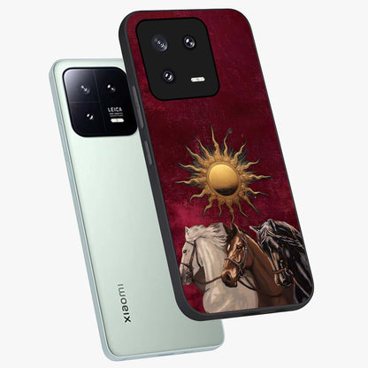 Solar Riders Glass Case displayed in angled mockup highlighting powerful rider illustration with radiant solar aesthetic.