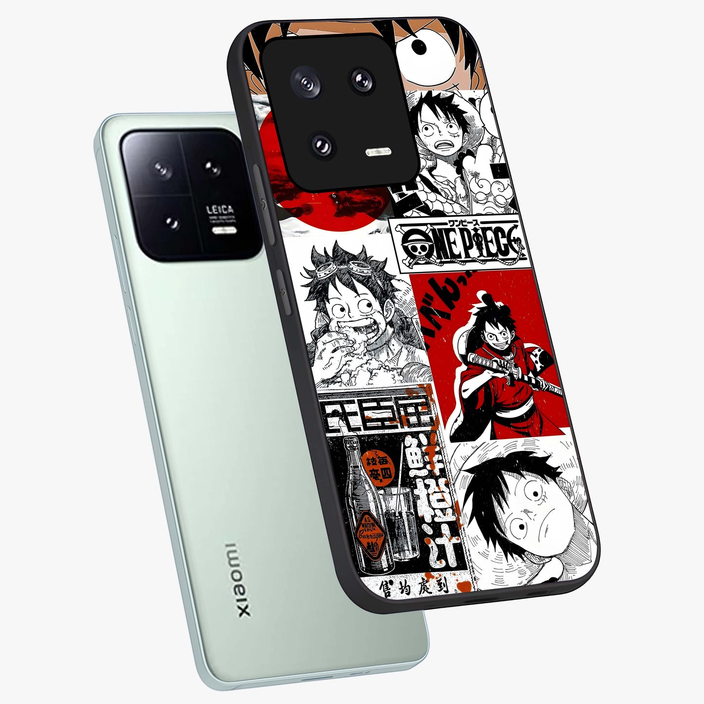 Strawhat Chaos Panels Glass Case displayed in angled mockup highlighting vibrant anime collage design with action aesthetic.